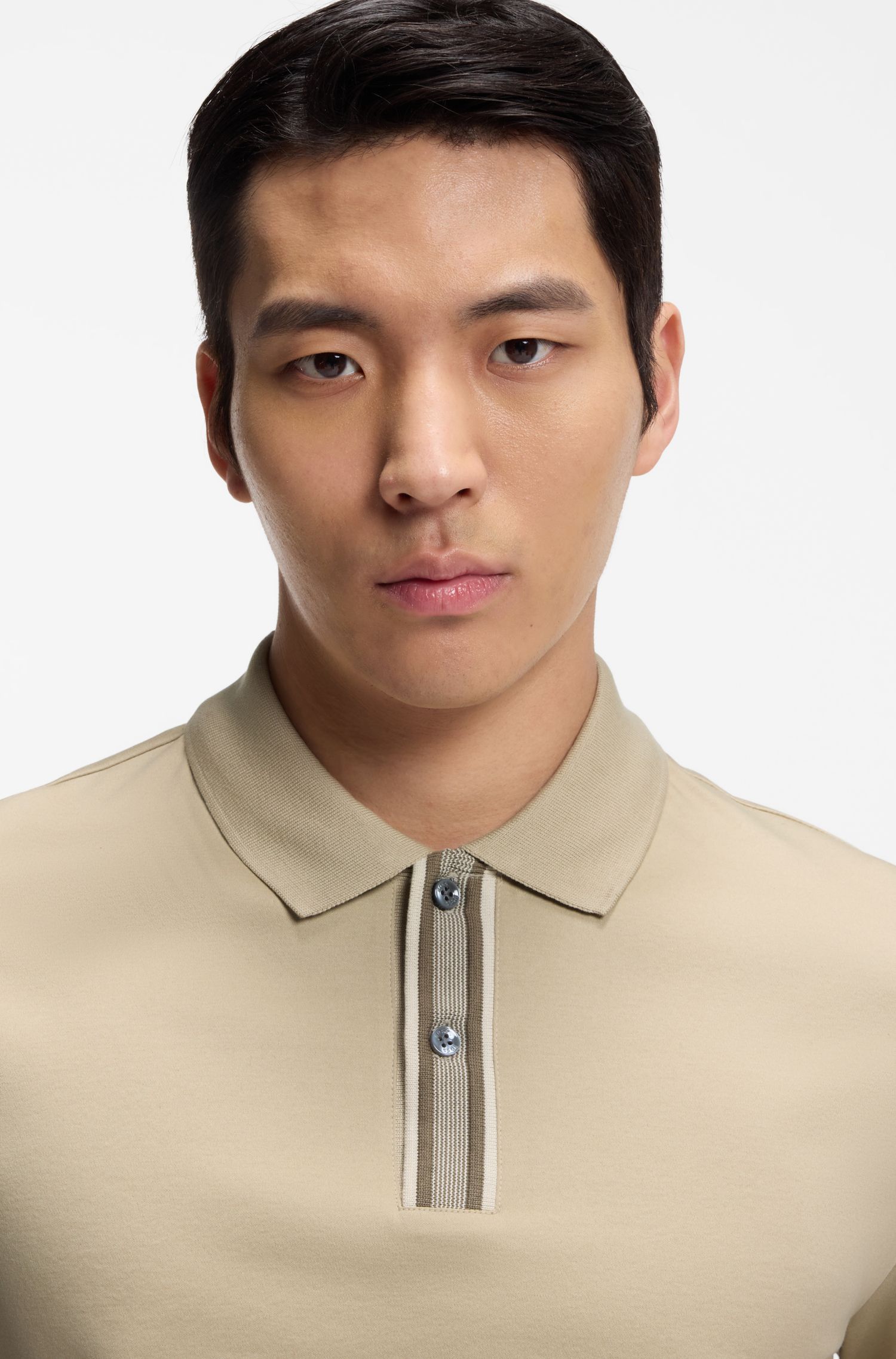 BOSS - Áo polo viền sọc cotton mercerized