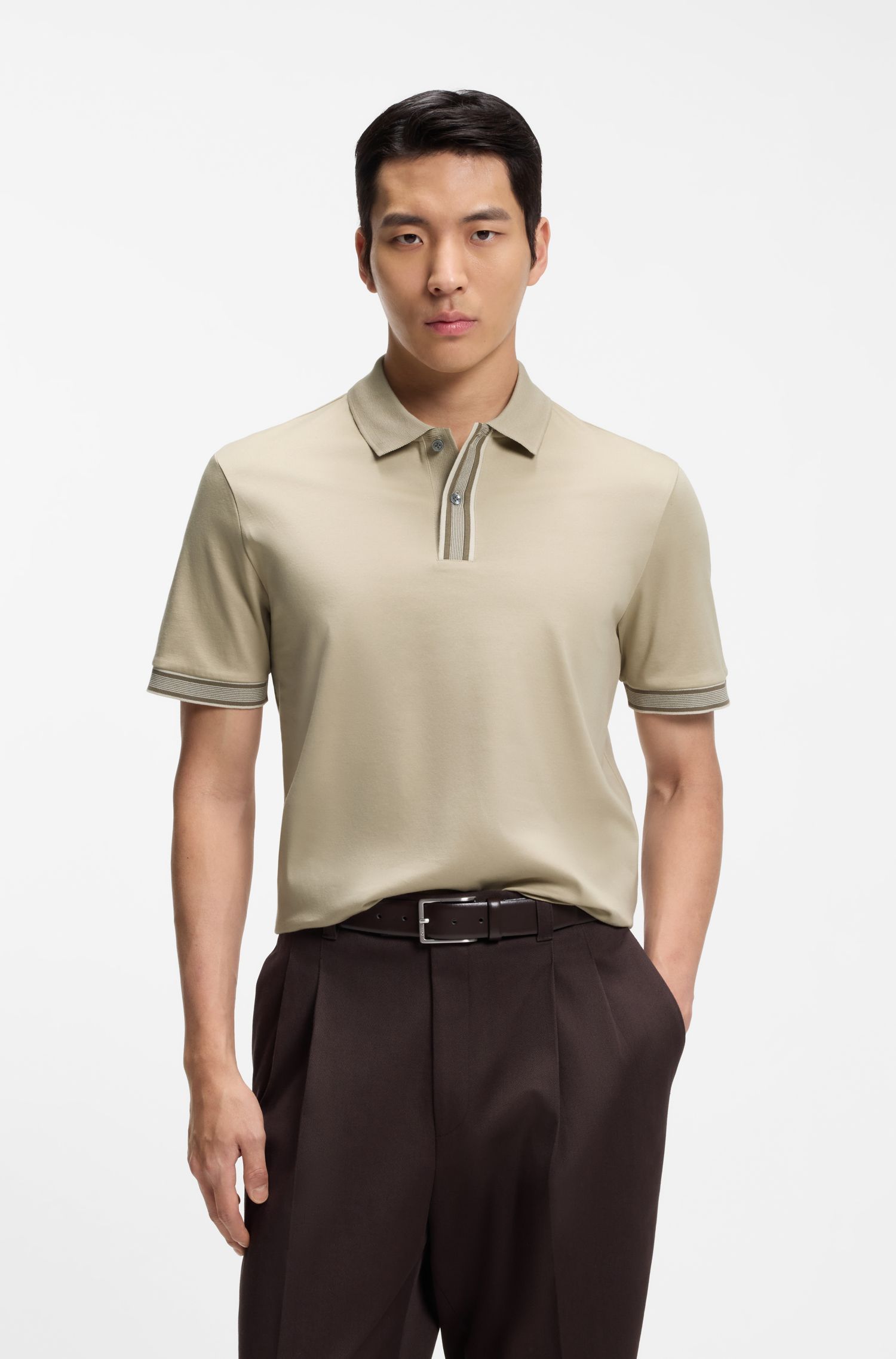 BOSS - Áo polo viền sọc cotton mercerized