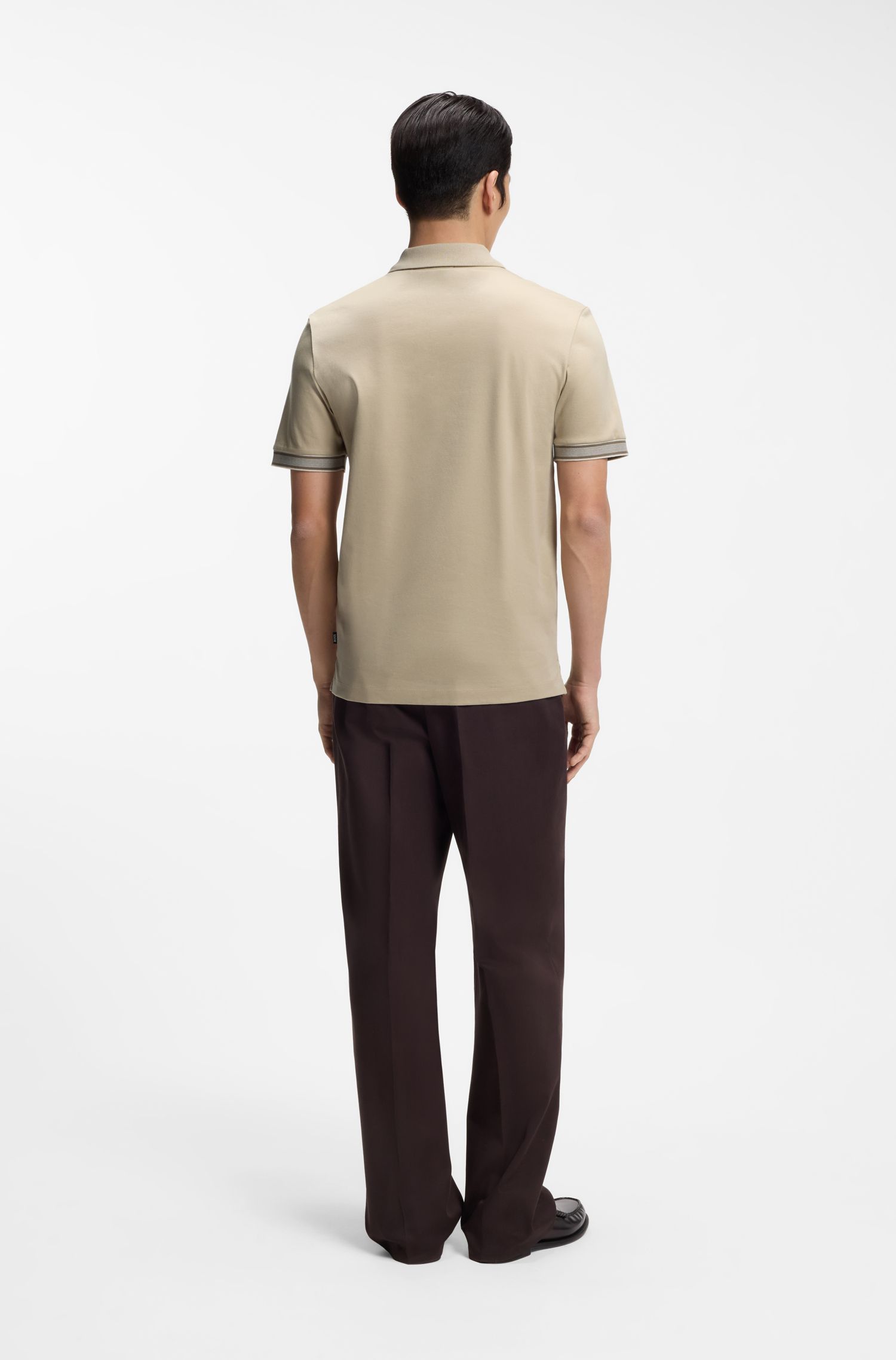BOSS - Áo polo viền sọc cotton mercerized