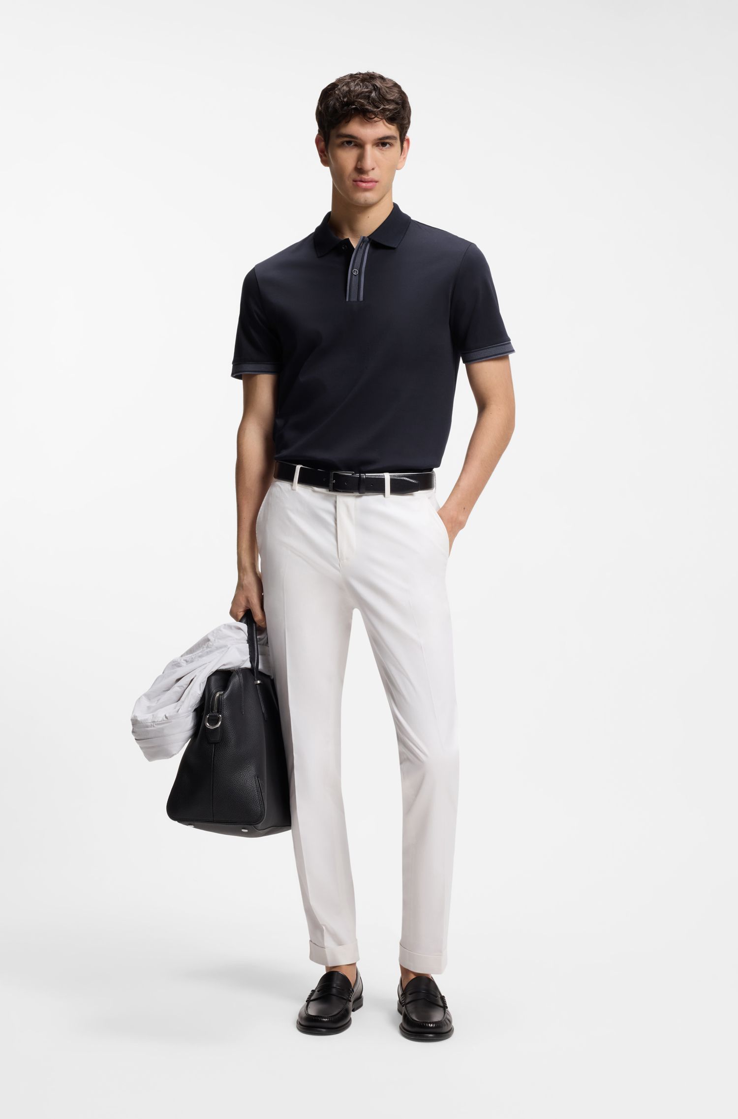 BOSS - Áo polo viền sọc cotton mercerized