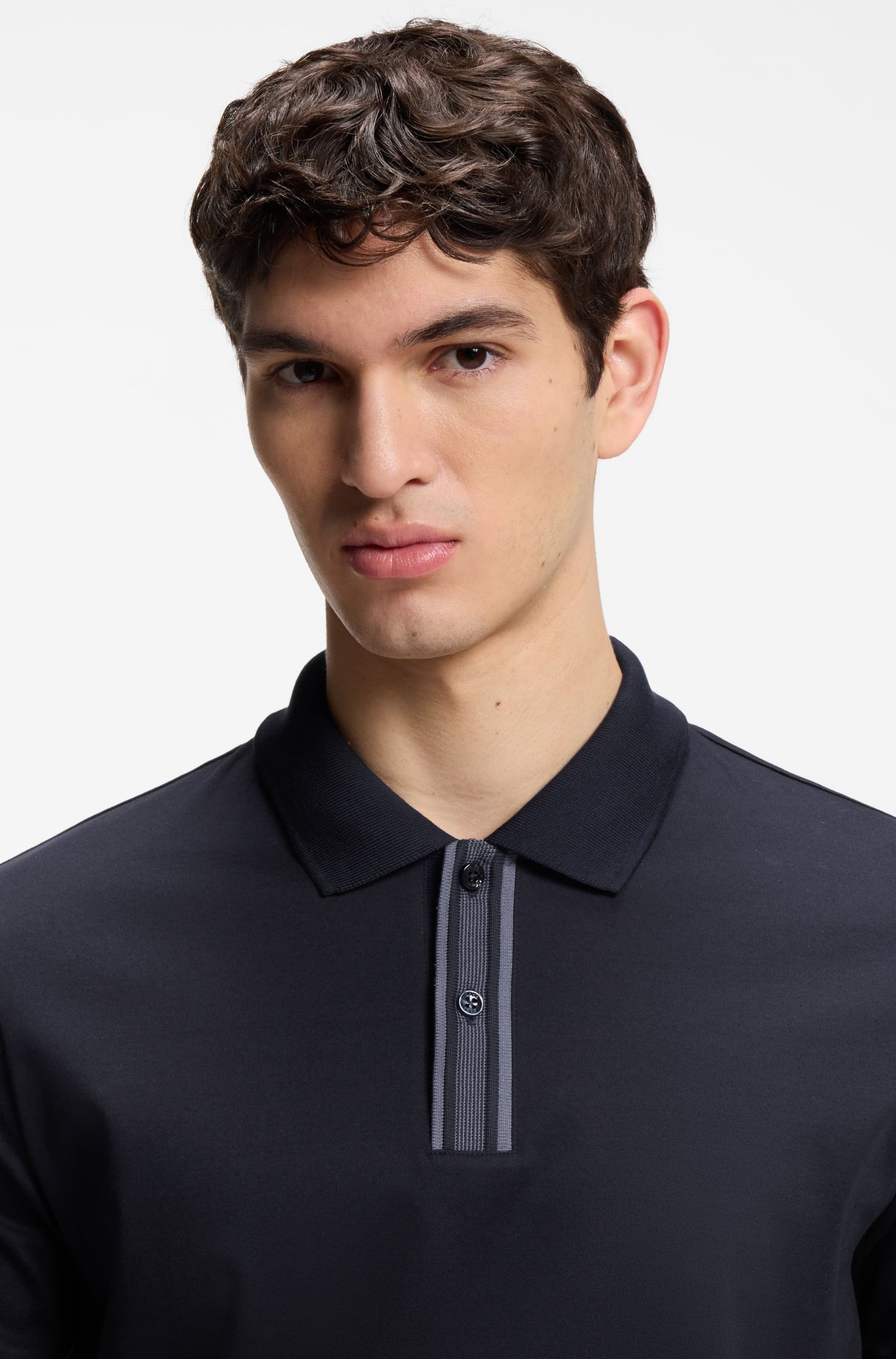 BOSS - Áo polo viền sọc cotton mercerized