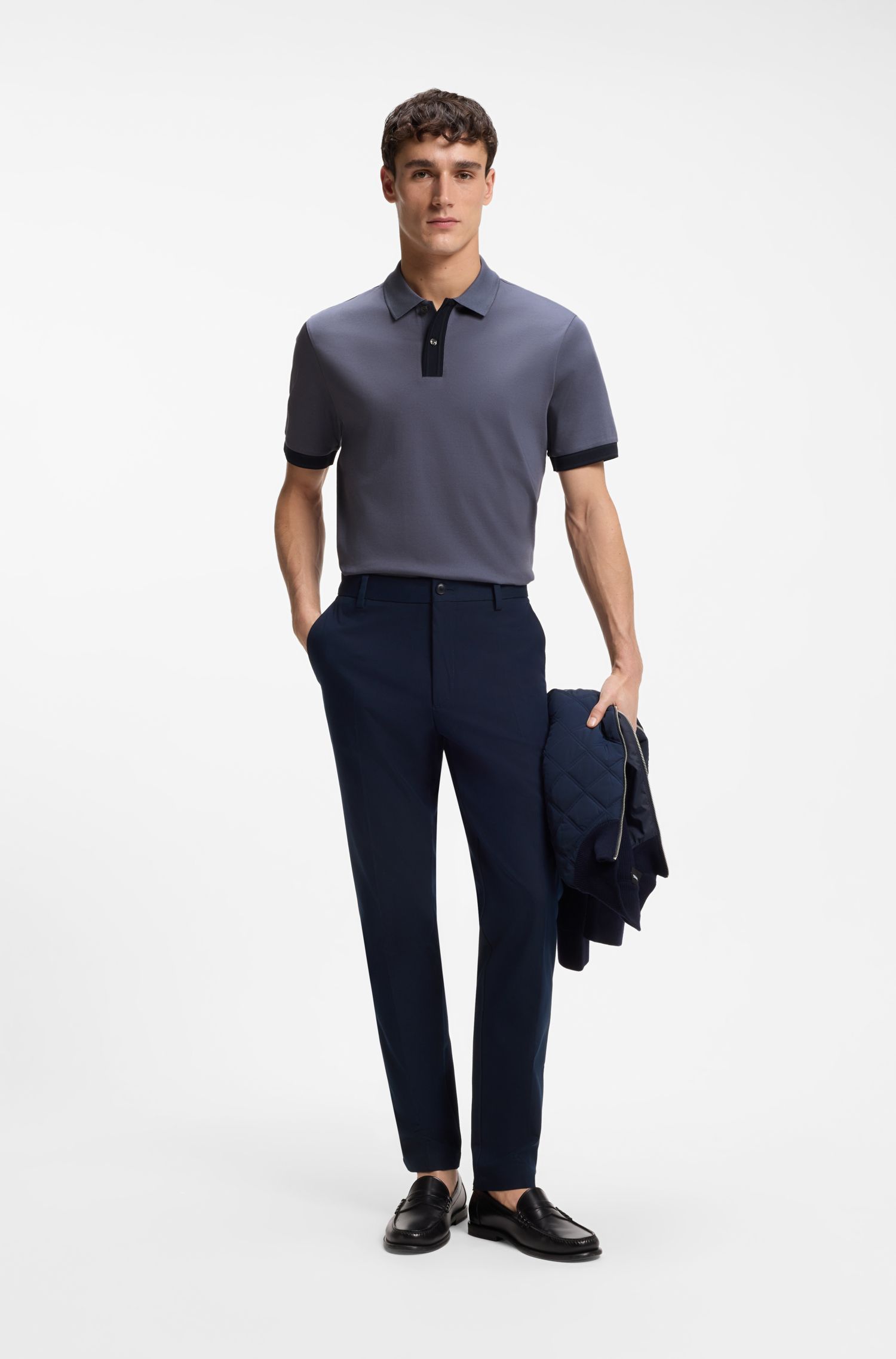 BOSS - Áo polo viền sọc cotton mercerized