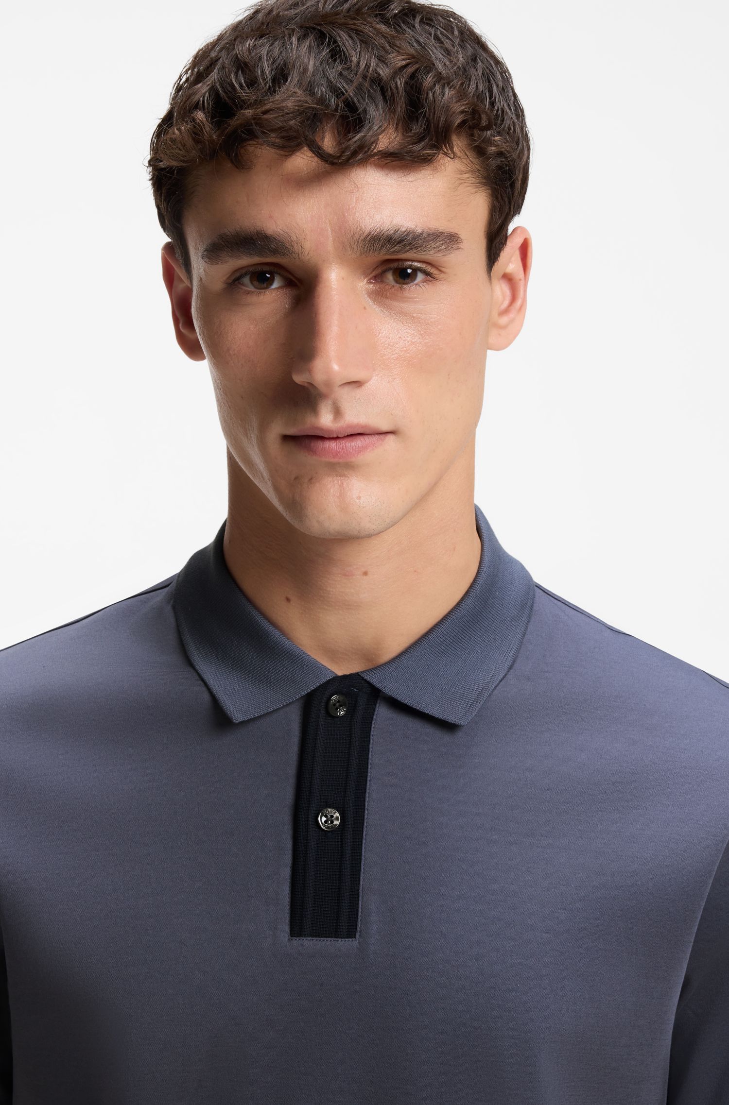 BOSS - Áo polo viền sọc cotton mercerized