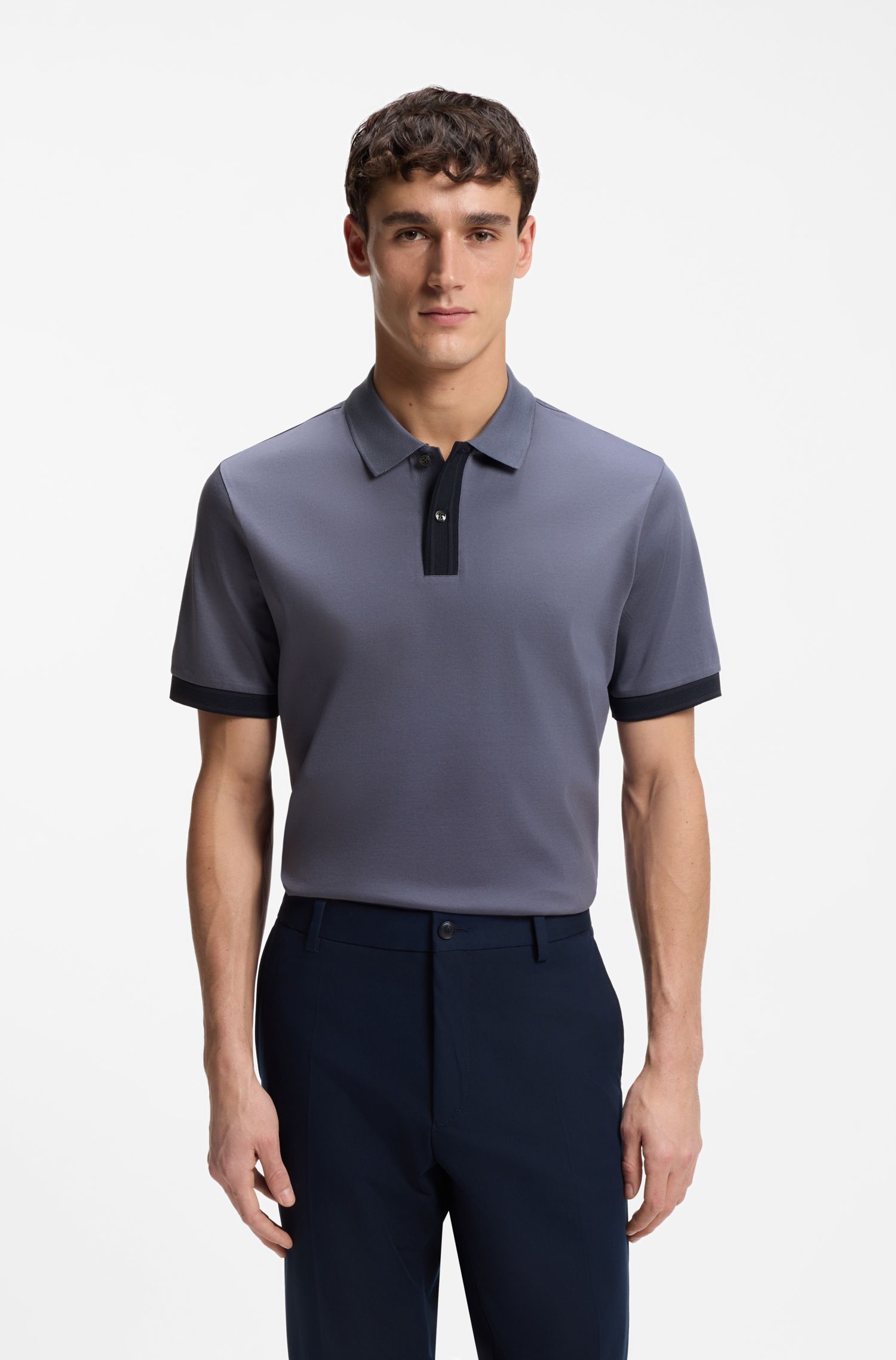BOSS - Áo polo viền sọc cotton mercerized