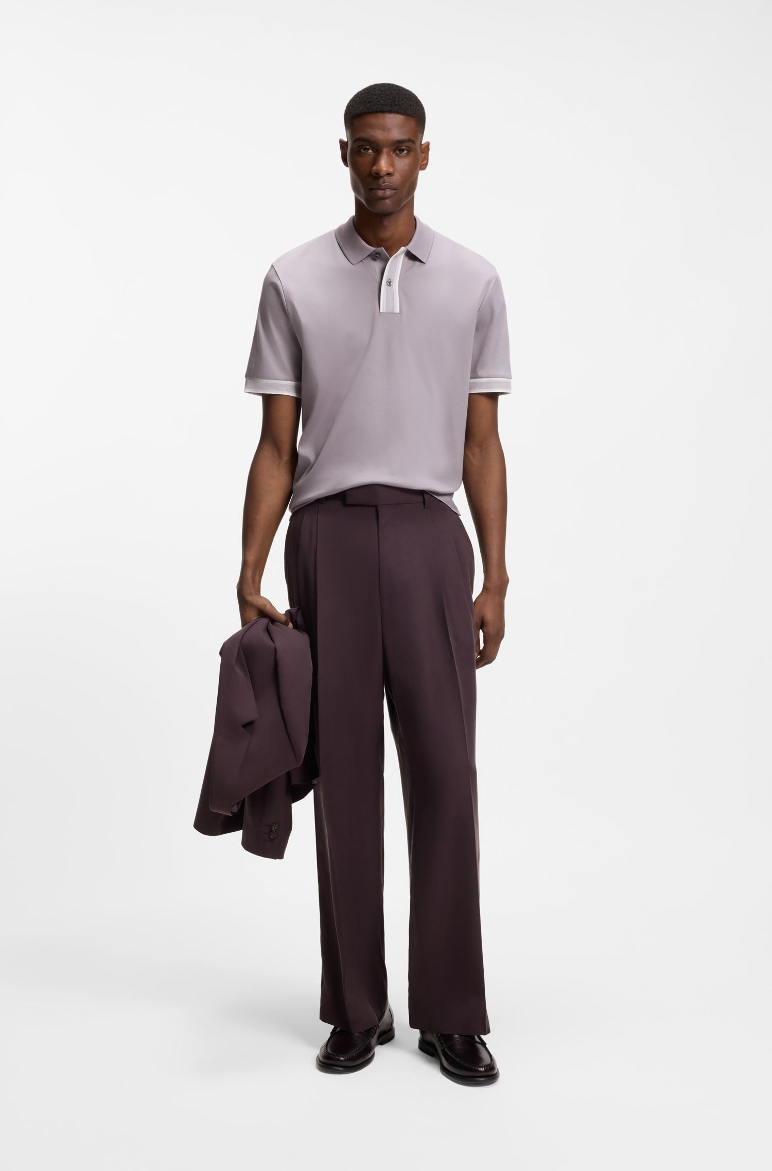 BOSS - Áo polo viền sọc cotton mercerized