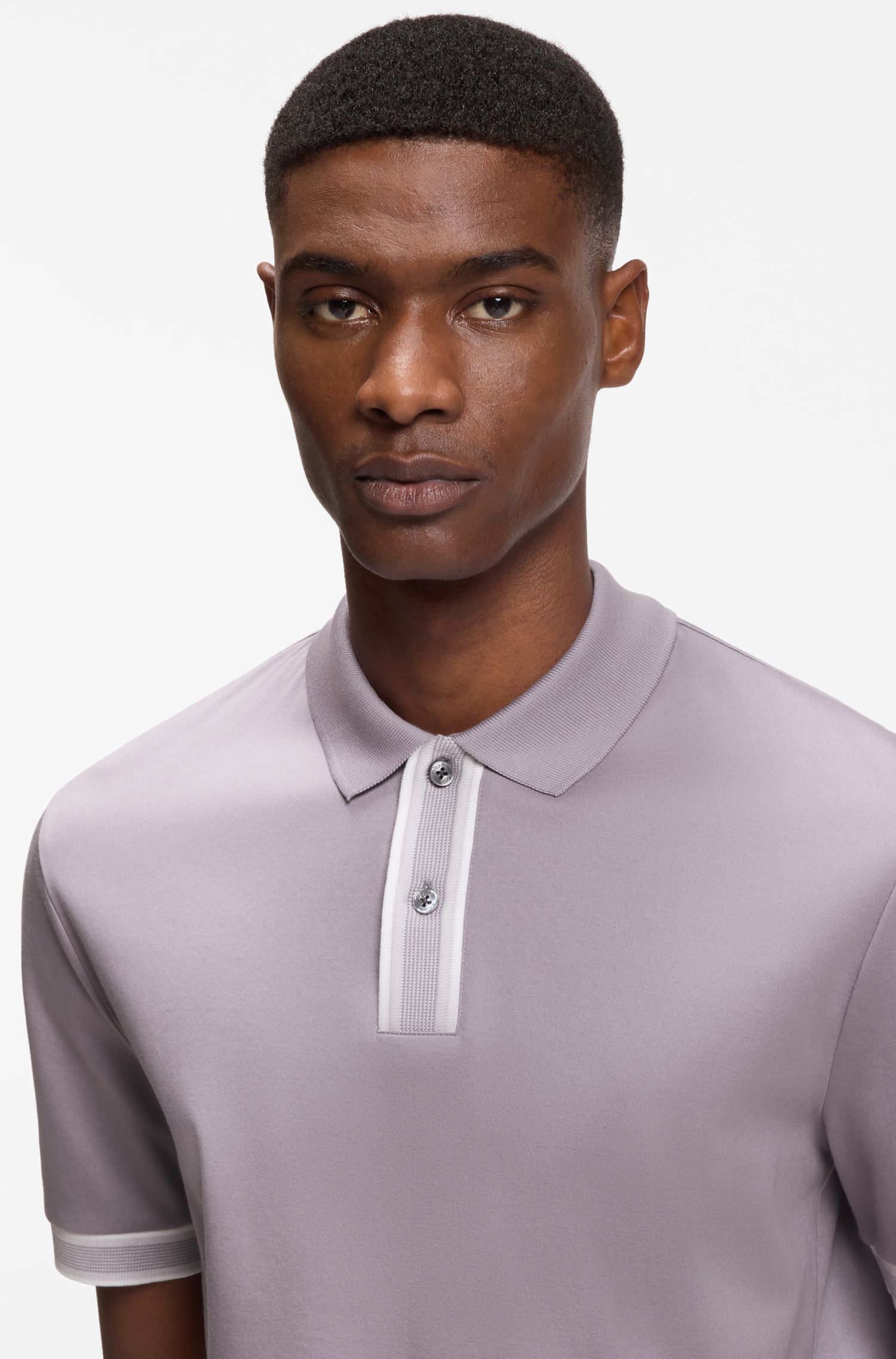 BOSS - Áo polo viền sọc cotton mercerized