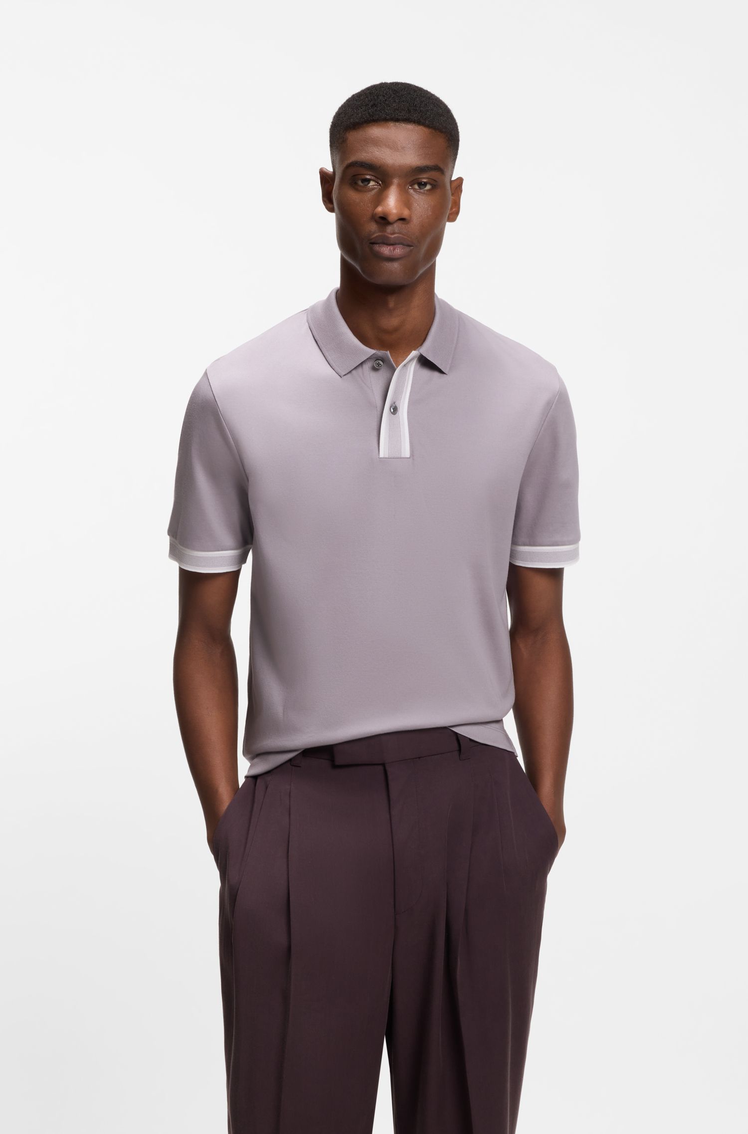 BOSS - Áo polo viền sọc cotton mercerized