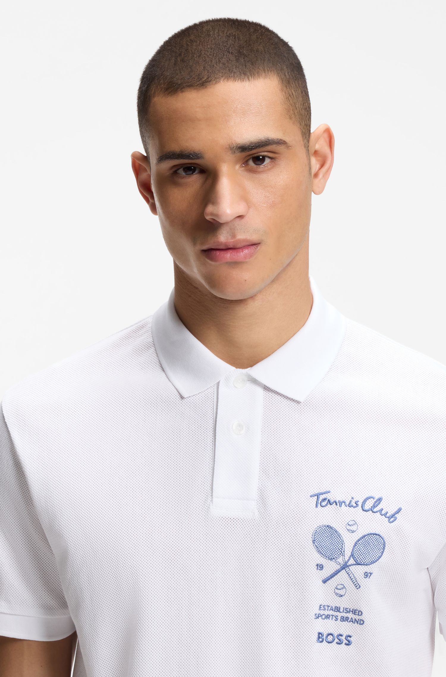 BOSS - Áo polo thêu họa tiết trên cotton lưới