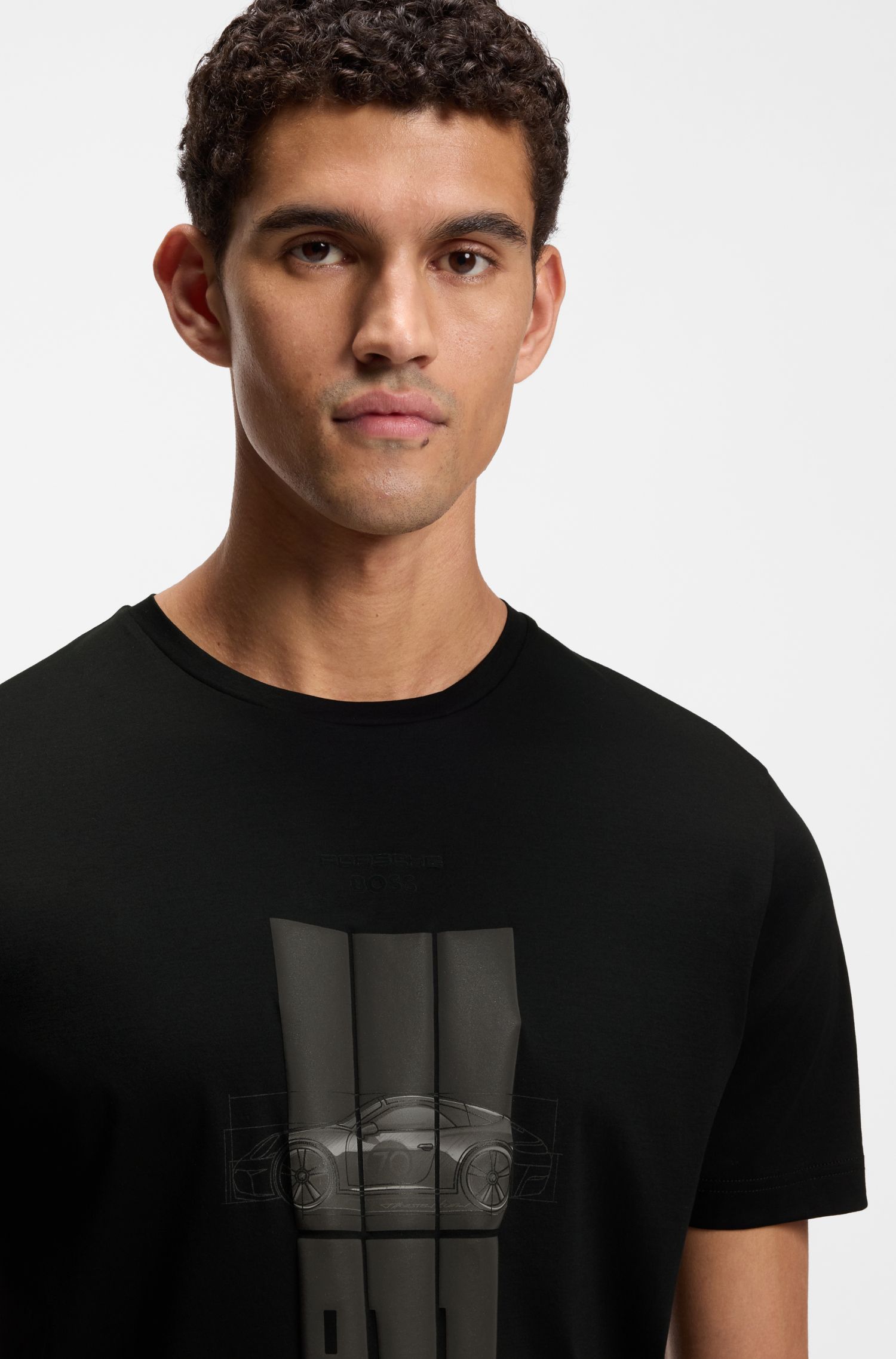 BOSS - Áo thun Porsche x Boss cotton mercerized với họa tiết in phản quang