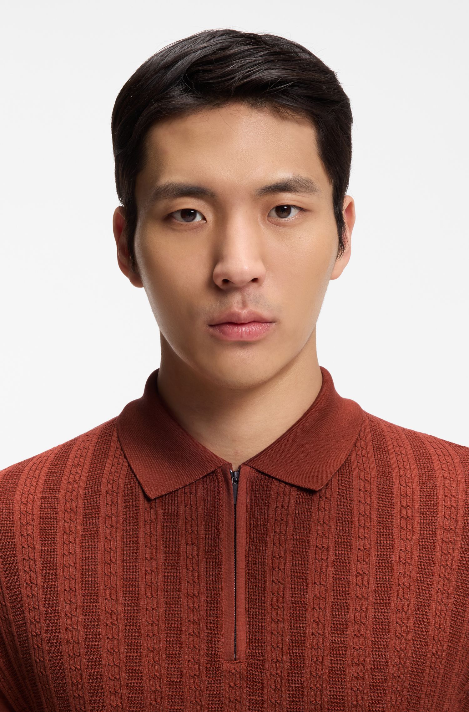 BOSS - Áo polo cổ khóa kéo bằng chất liệu cotton và lụa