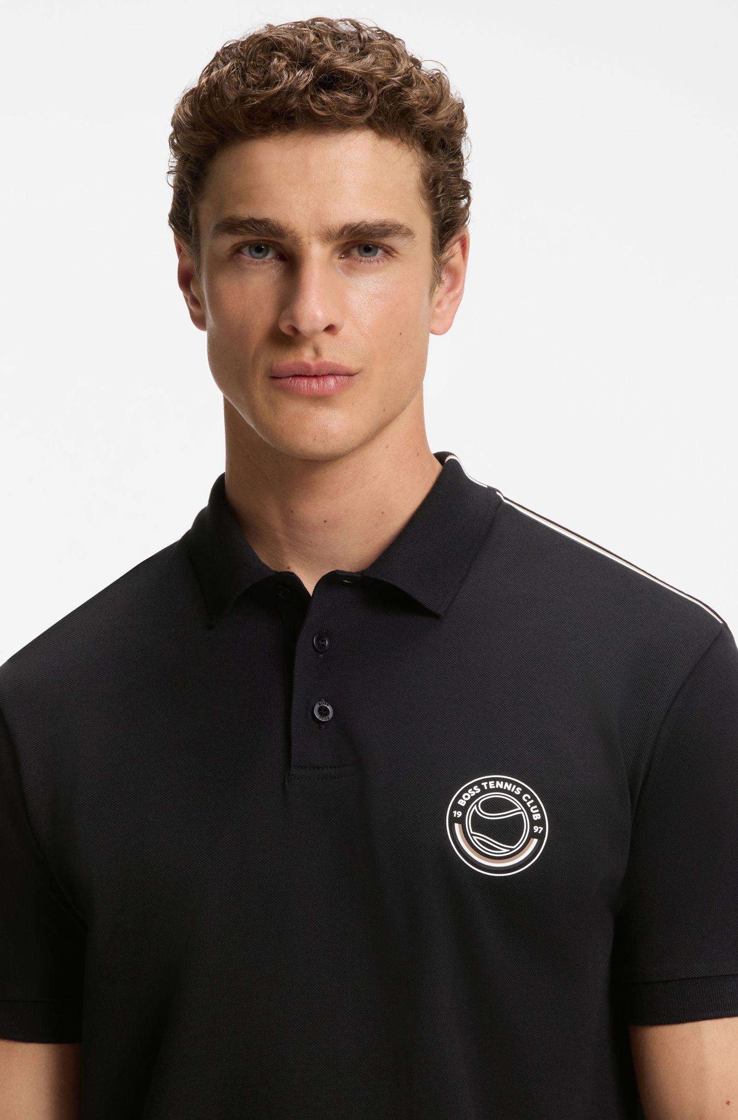 BOSS - Áo polo bằng vải cotton co giãn với logo lấy cảm hứng từ môn tennis