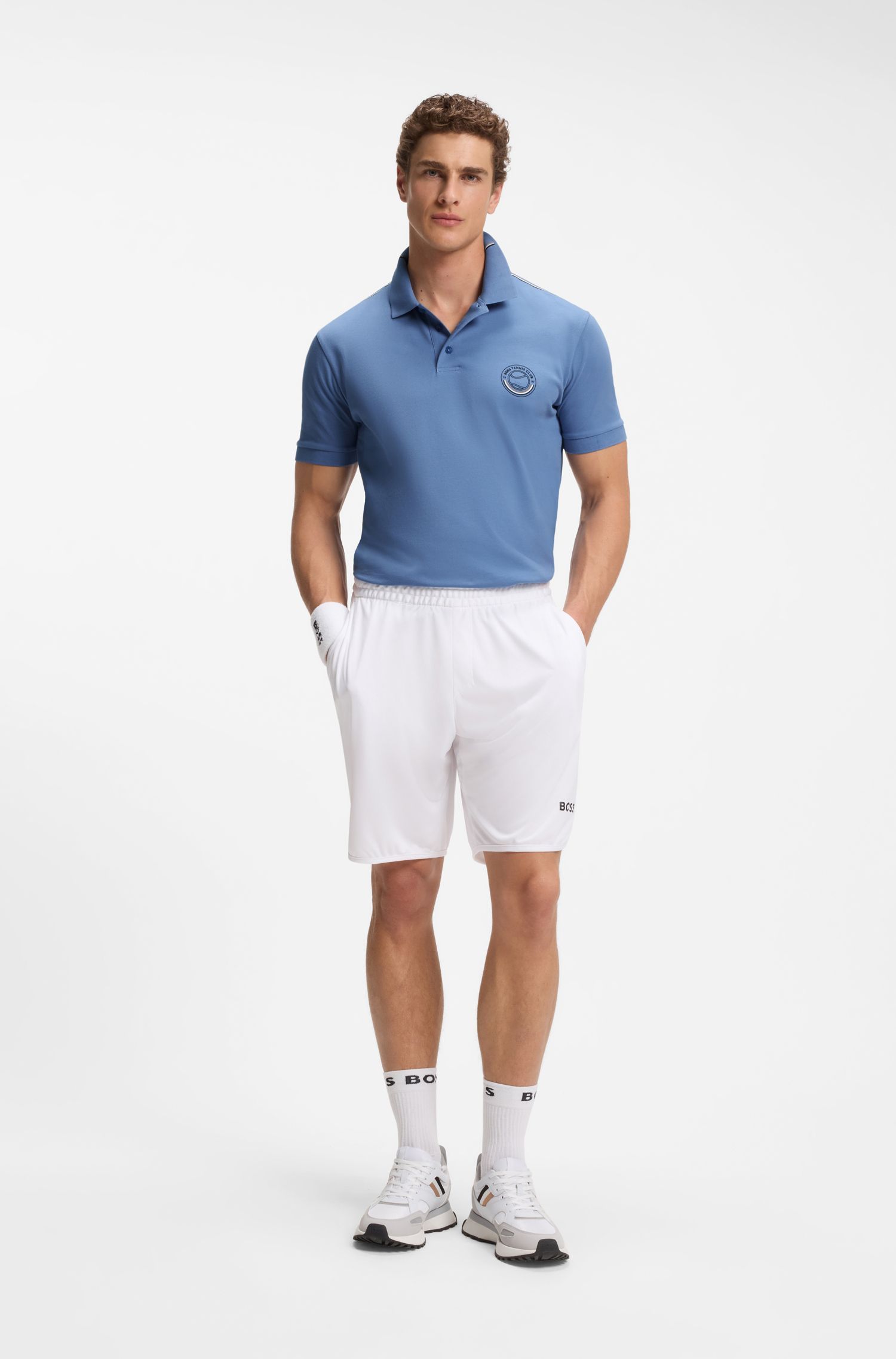 BOSS - Áo polo bằng vải cotton co giãn với logo lấy cảm hứng từ môn tennis