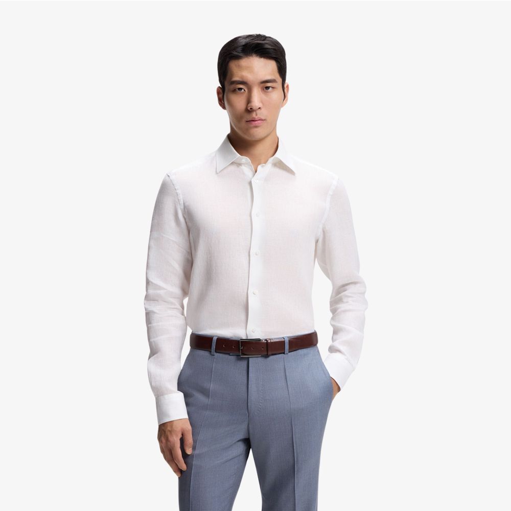 BOSS - Áo sơ mi dáng ôm làm từ vải lanh sản xuất tại Ý