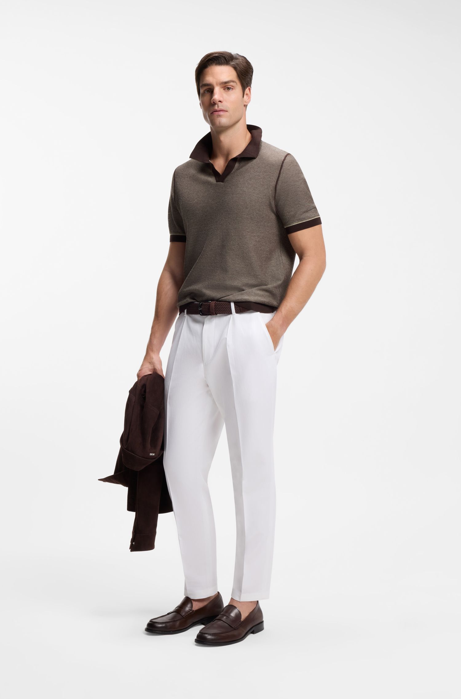 BOSS - Áo polo dệt kim pha cotton với sọc ngang
