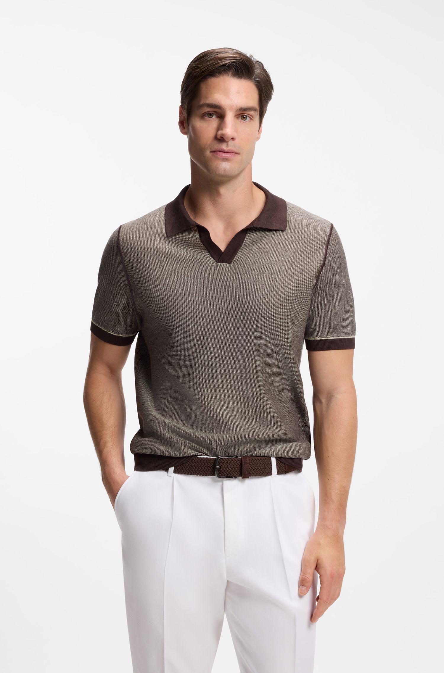 BOSS - Áo polo dệt kim pha cotton với sọc ngang