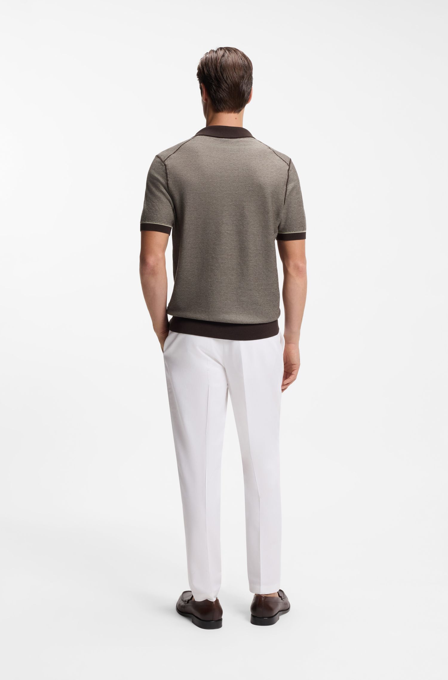 BOSS - Áo polo dệt kim pha cotton với sọc ngang