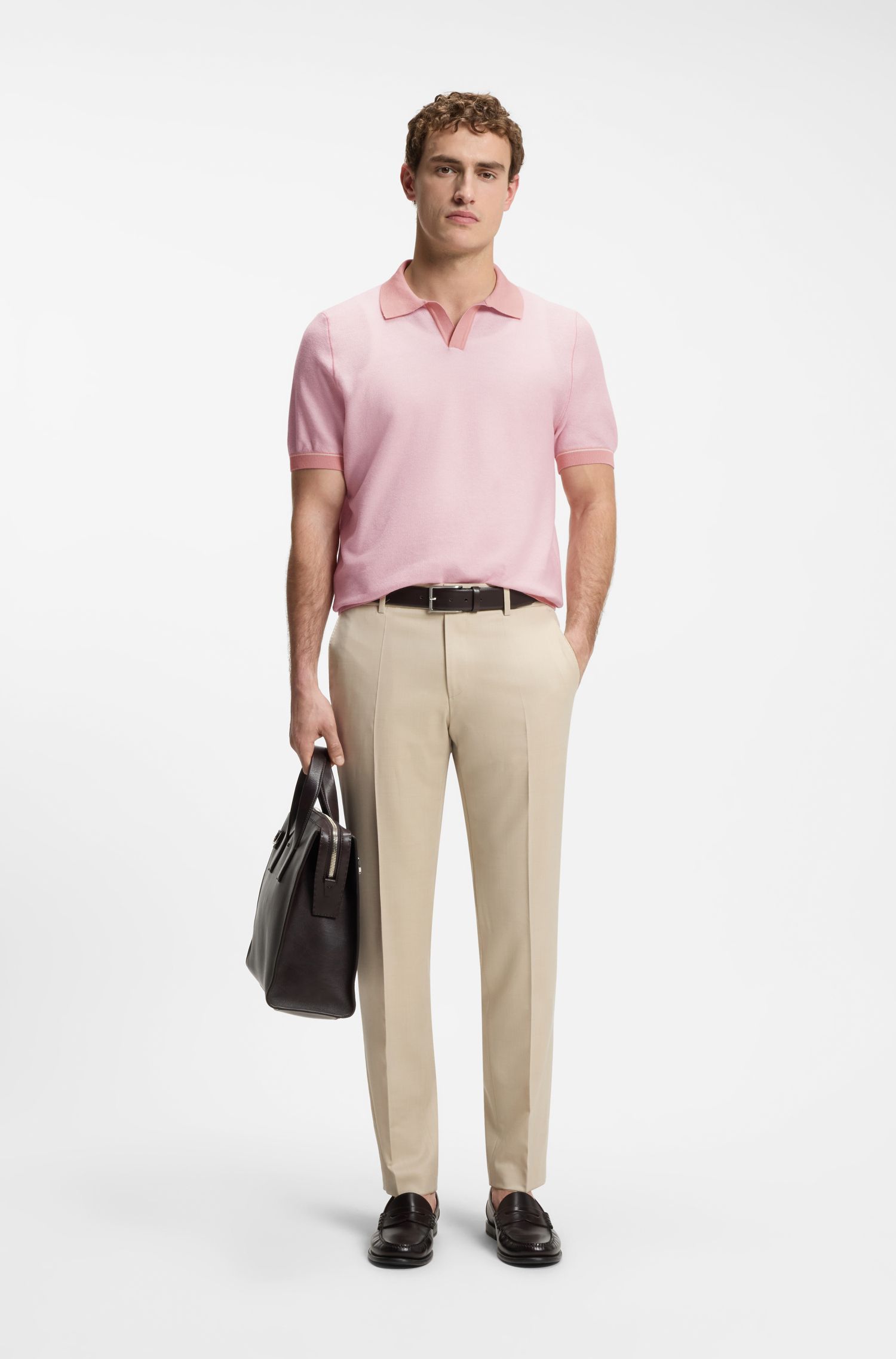 BOSS - Áo polo dệt kim pha cotton với sọc ngang