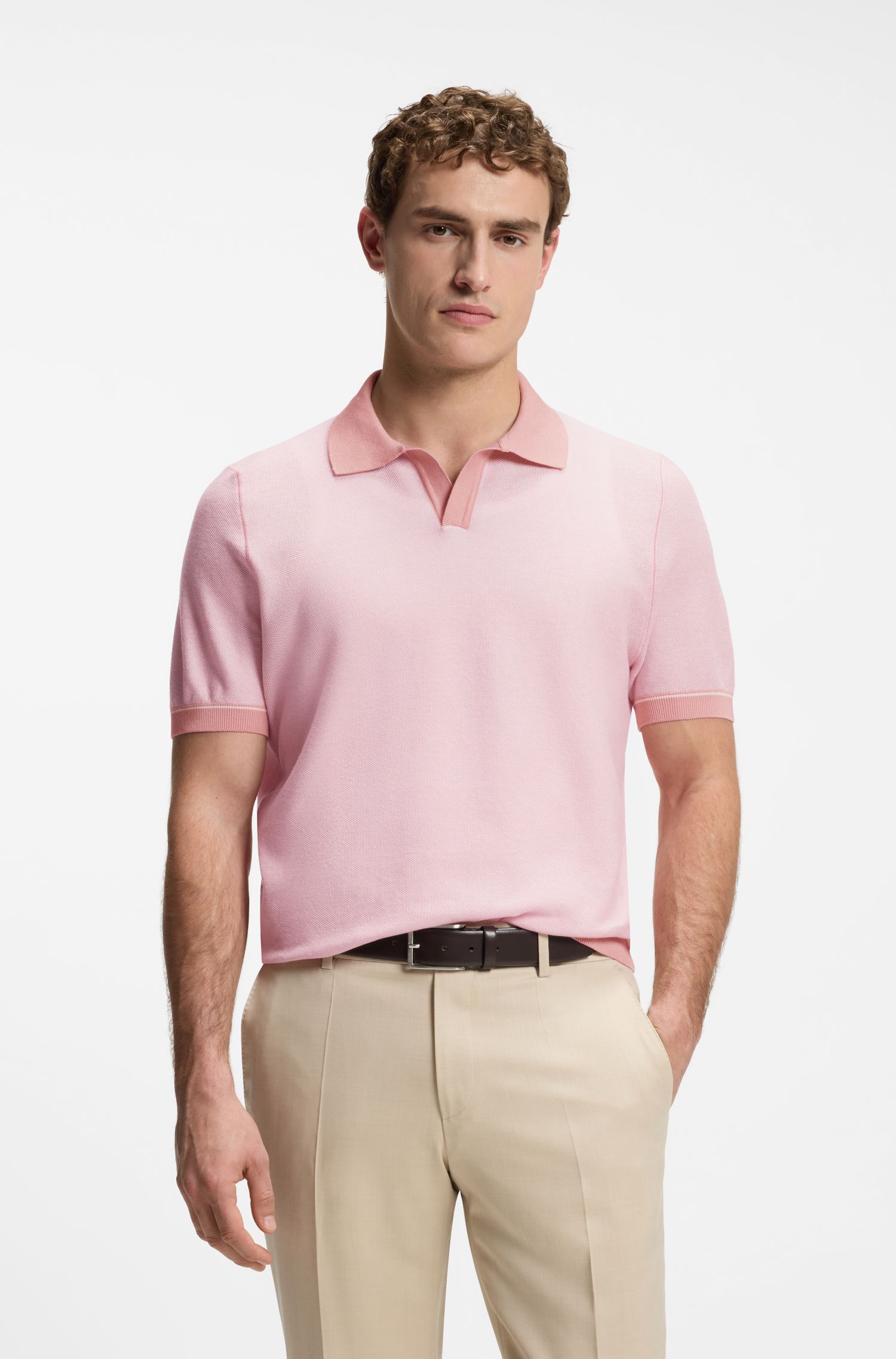 Áo polo dệt kim pha cotton với sọc ngang
