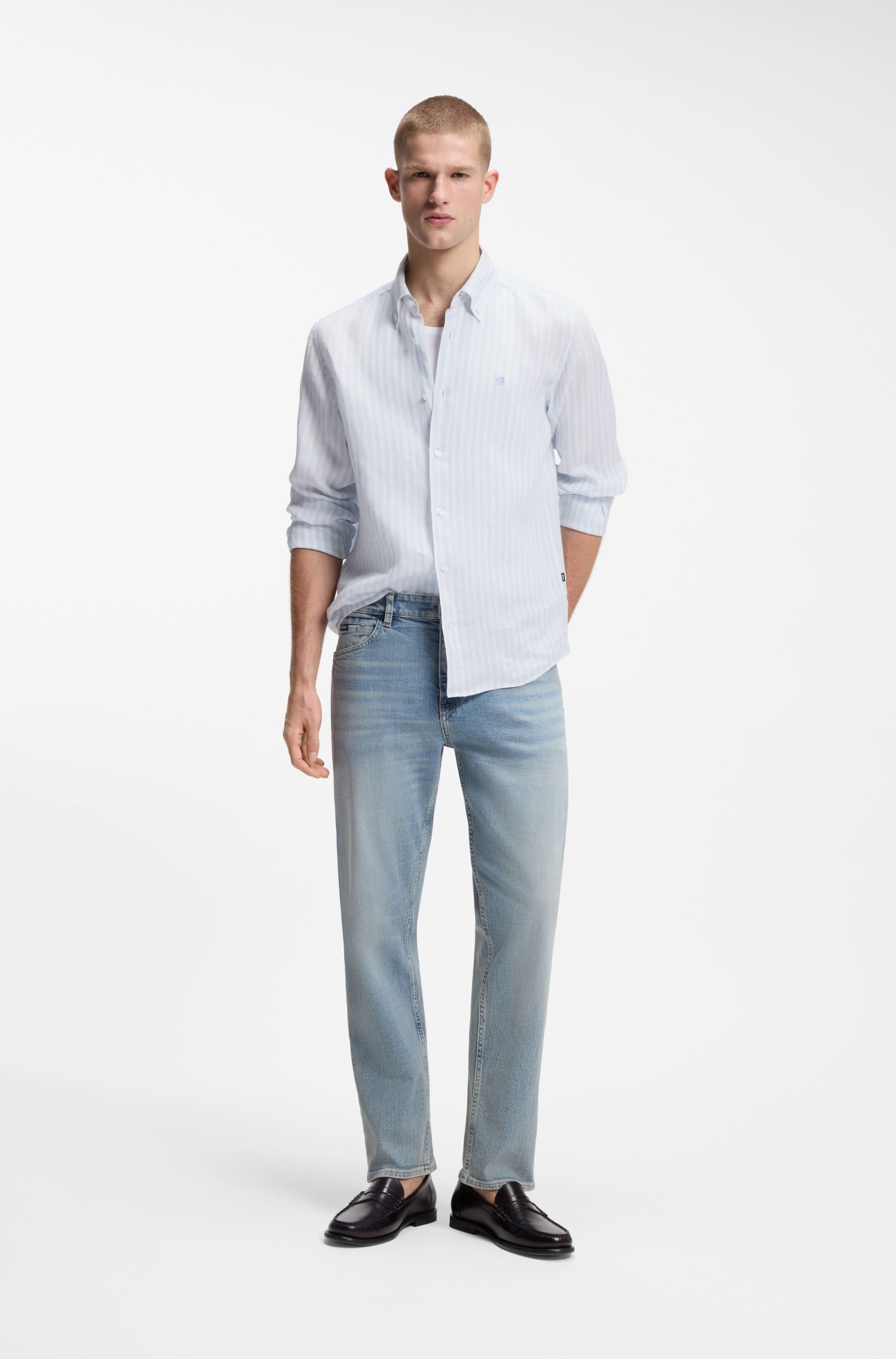 BOSS - Áo sơ mi dáng regular fit linen kẻ sọc