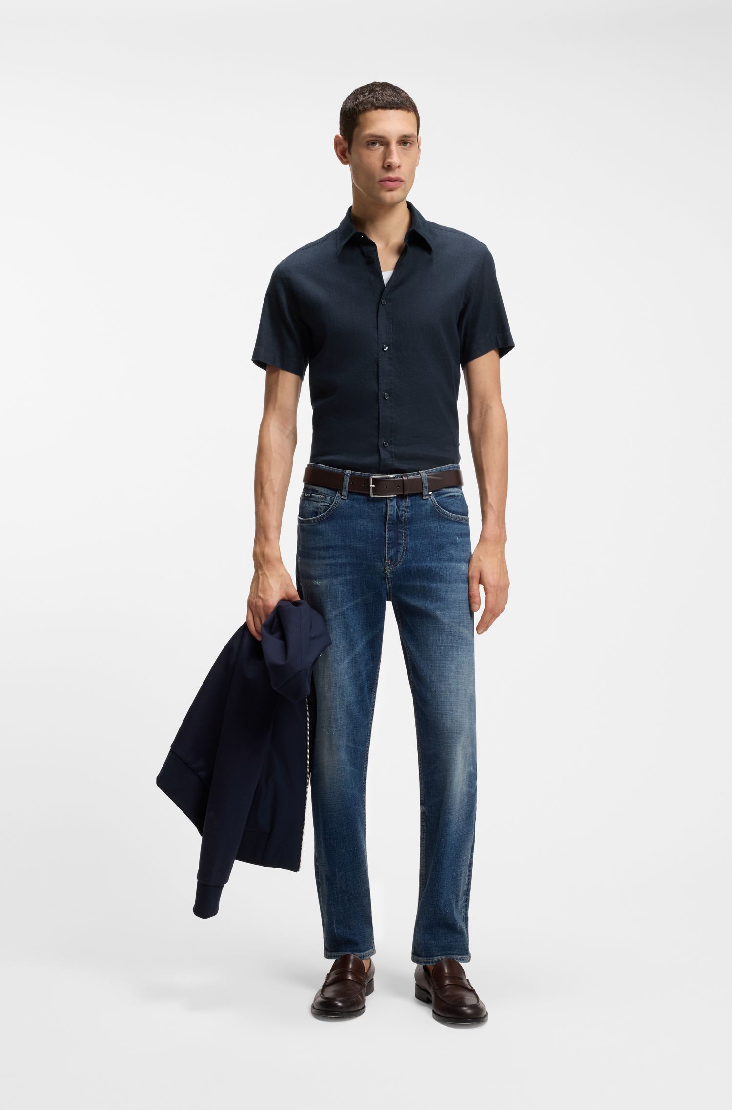BOSS - áo sơ mi slim fit linen co giãn