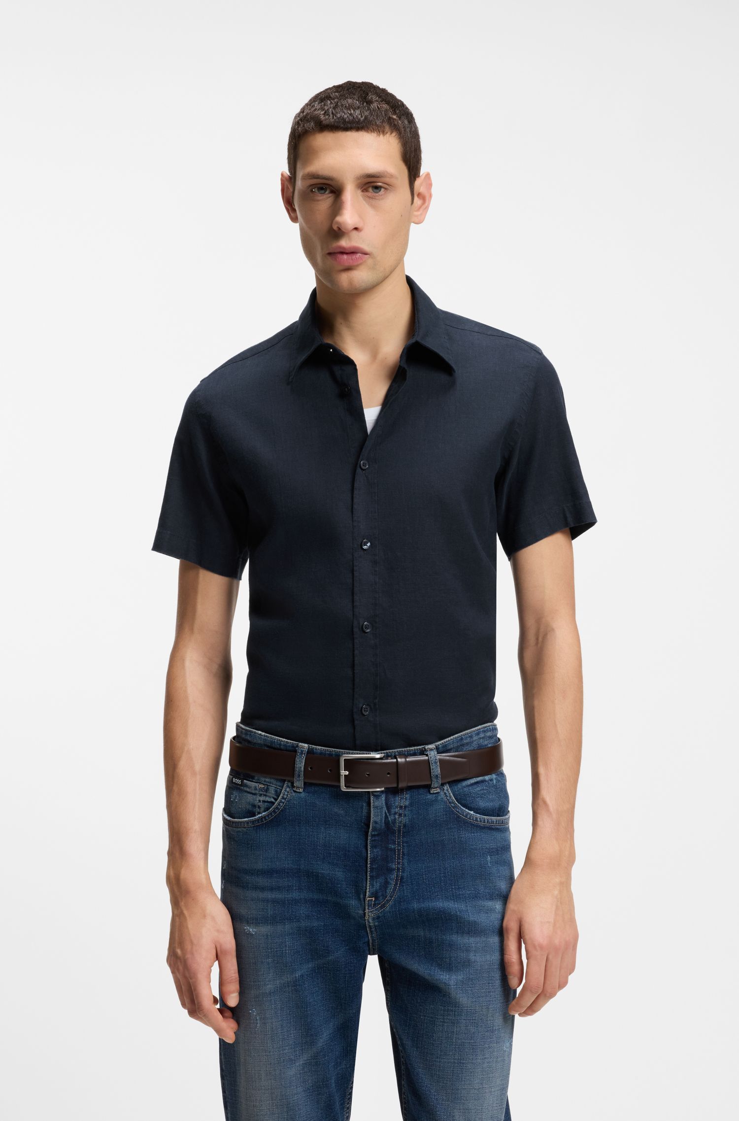 BOSS - áo sơ mi slim fit linen co giãn