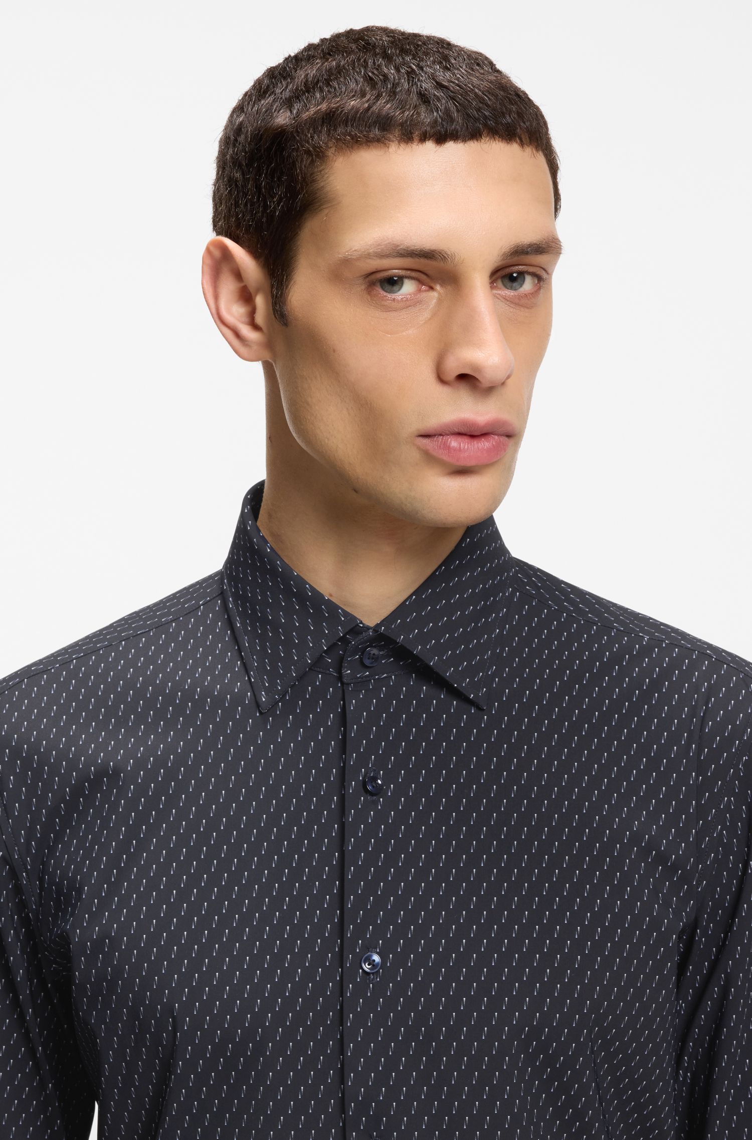 BOSS - Áo sơ mi slim fit in họa tiết, jersey co giãn cao cấp
