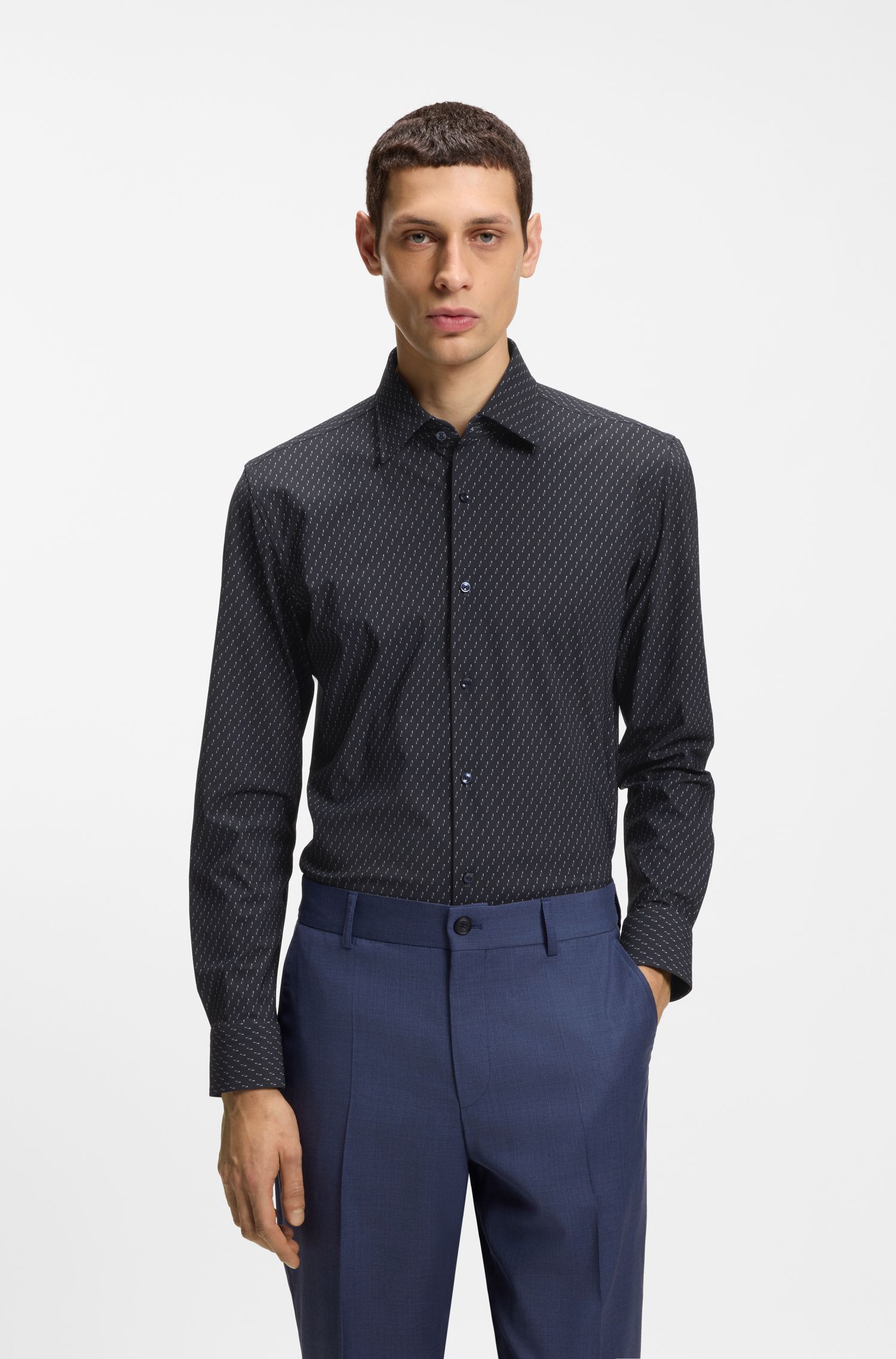 Áo sơ mi slim fit in họa tiết, jersey co giãn cao cấp