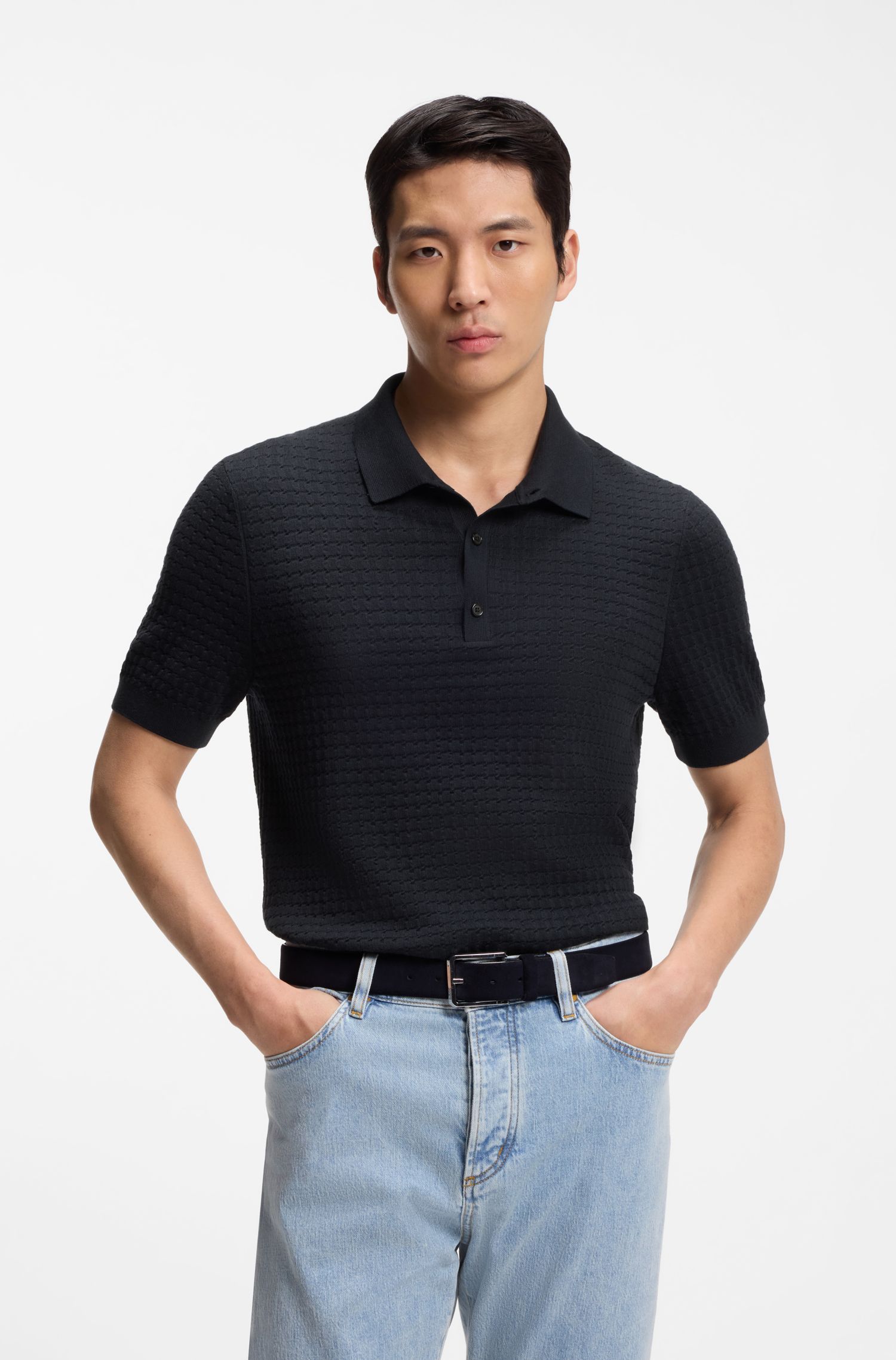 BOSS - Áo polo dệt kim bằng lụa và cotton