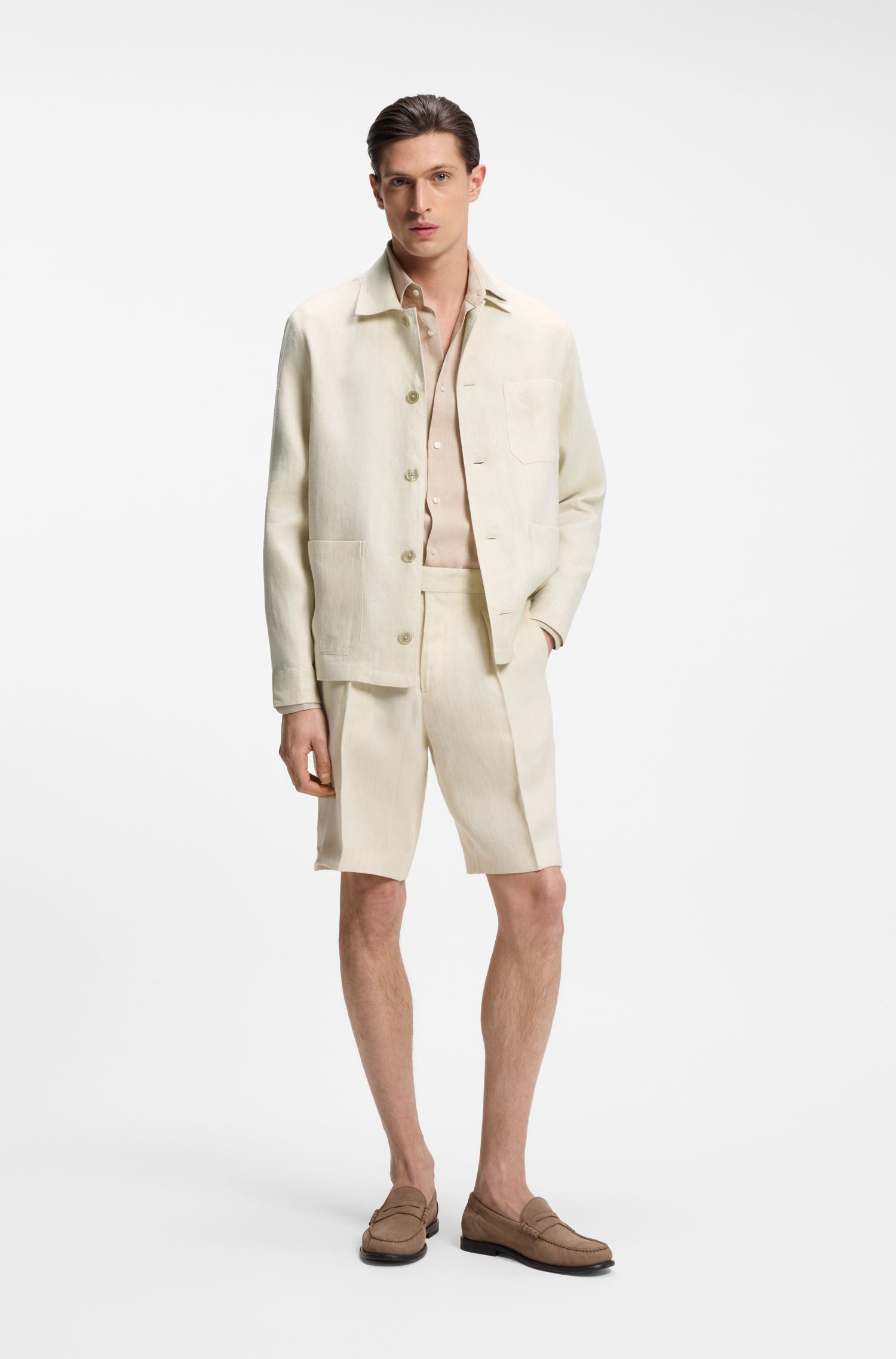 BOSS - Quần short tapered fit linen, có xếp ly phía trước