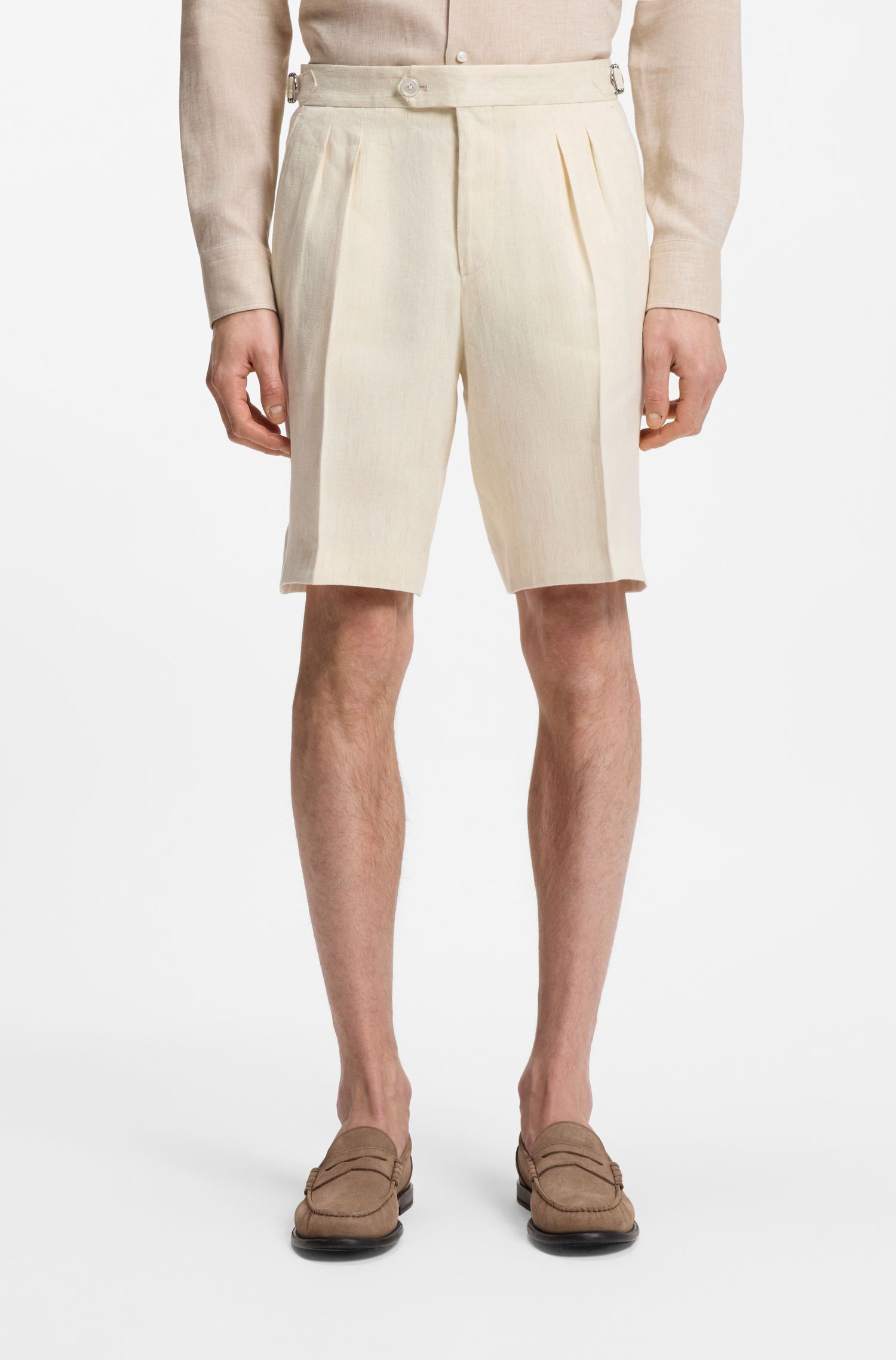 BOSS - Quần short tapered fit linen, có xếp ly phía trước