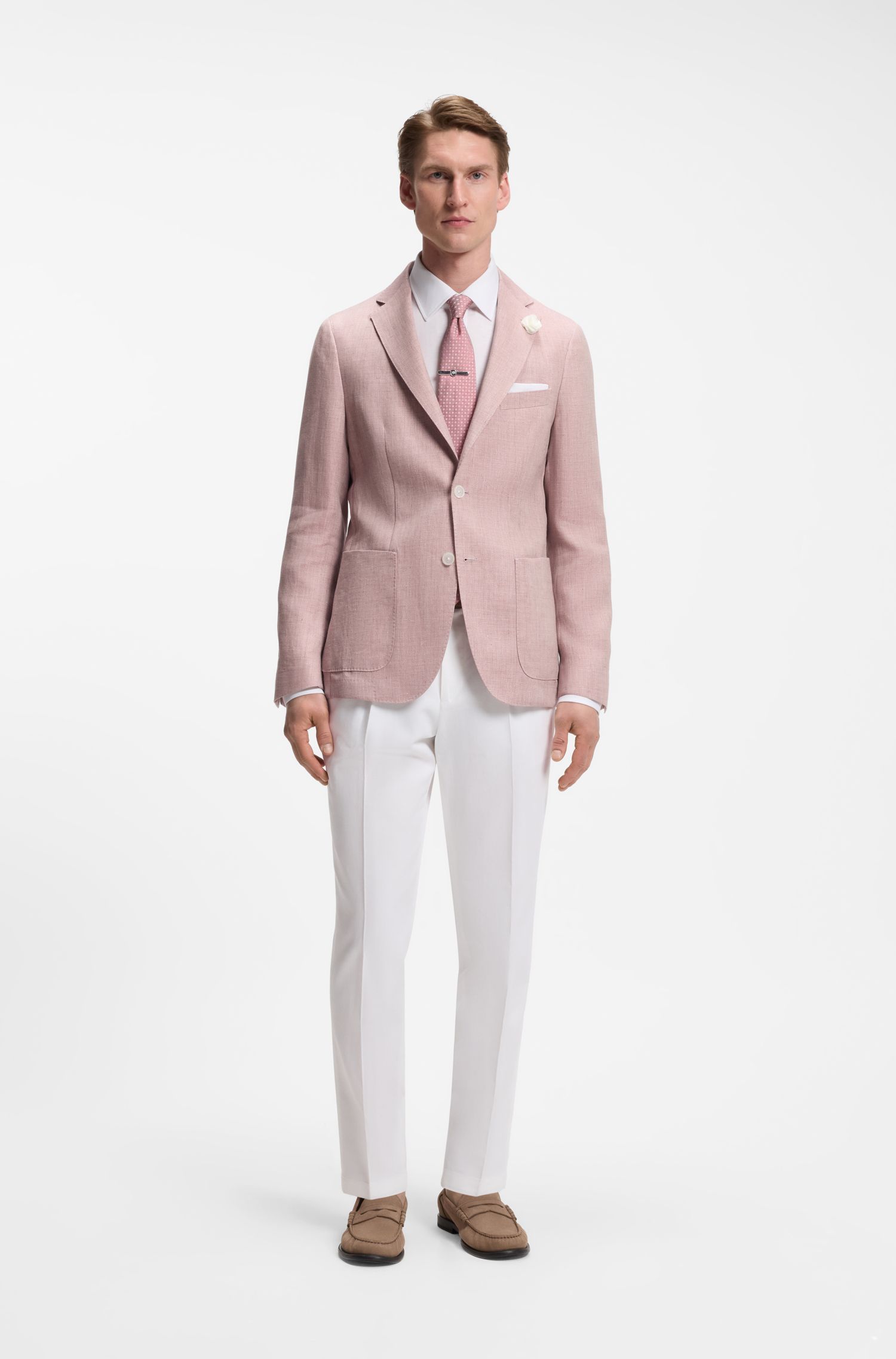 BOSS - Áo blazer linen pha dáng slim fit, có thể giặt máy