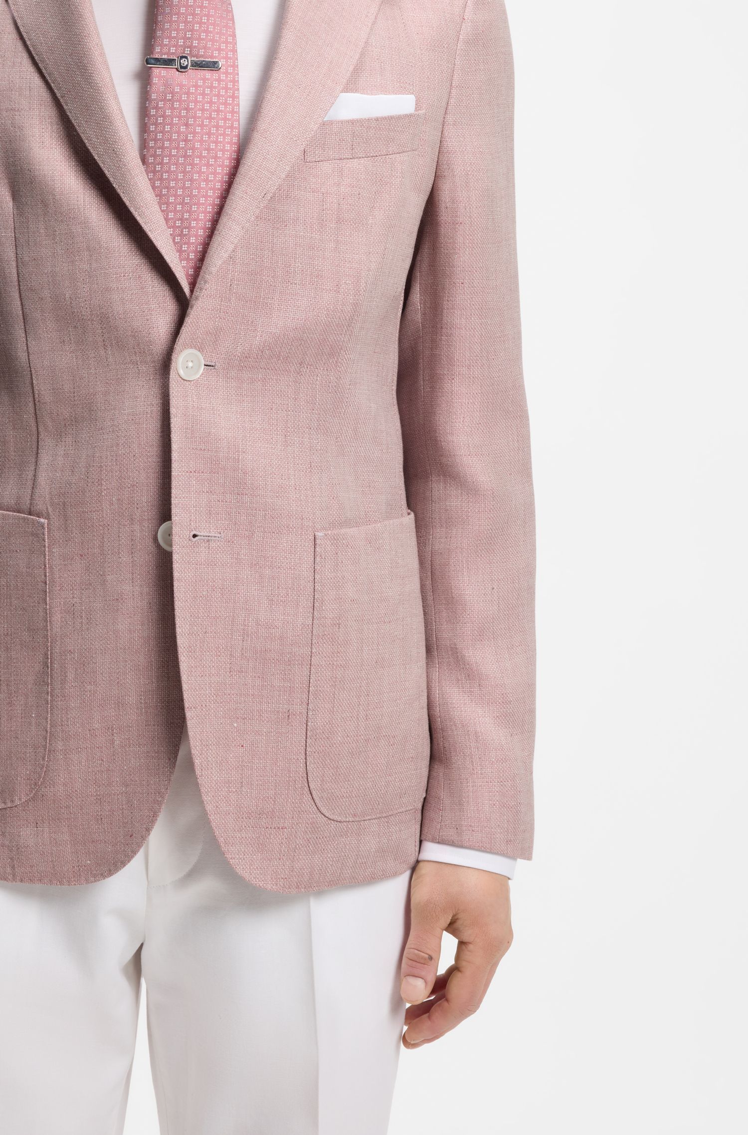 BOSS - Áo blazer linen pha dáng slim fit, có thể giặt máy