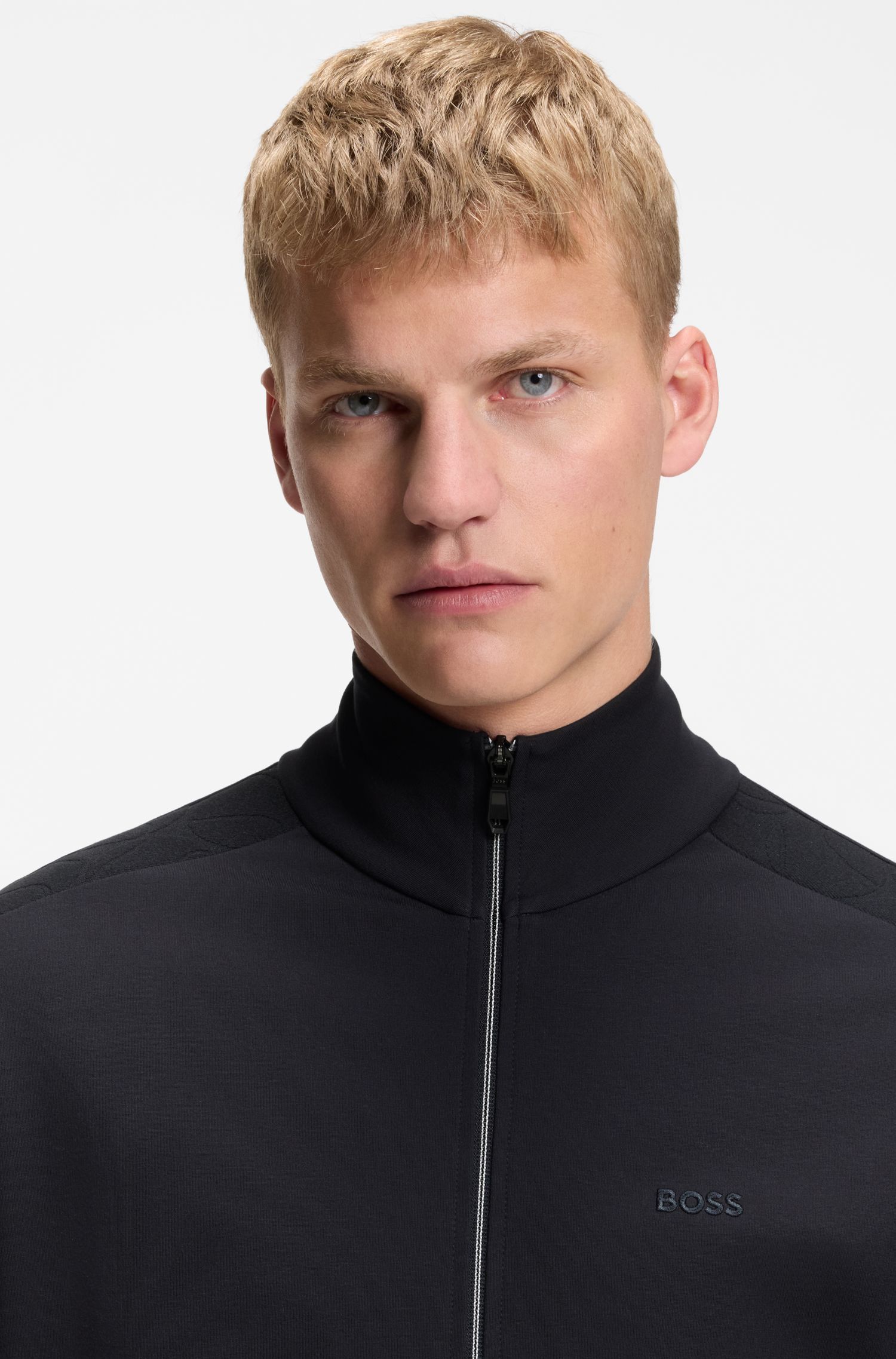 BOSS - Áo sweatshirt dáng regular fit với viền jacquard đồng màu