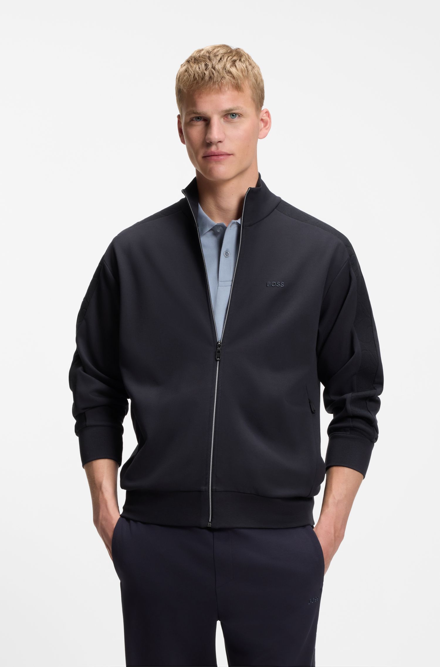 BOSS - Áo sweatshirt dáng regular fit với viền jacquard đồng màu