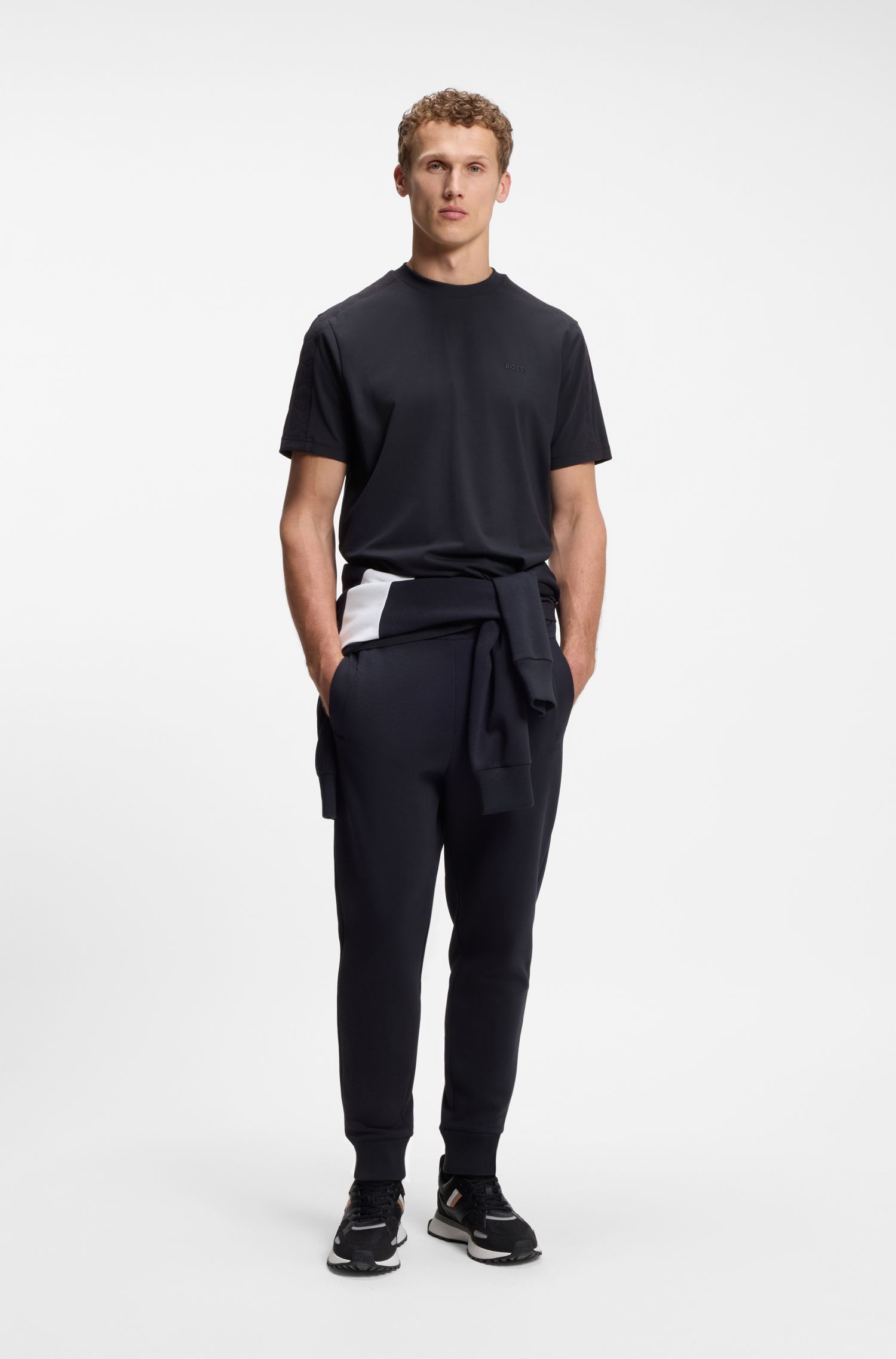 BOSS - Áo thun cotton co giãn với viền jacquard