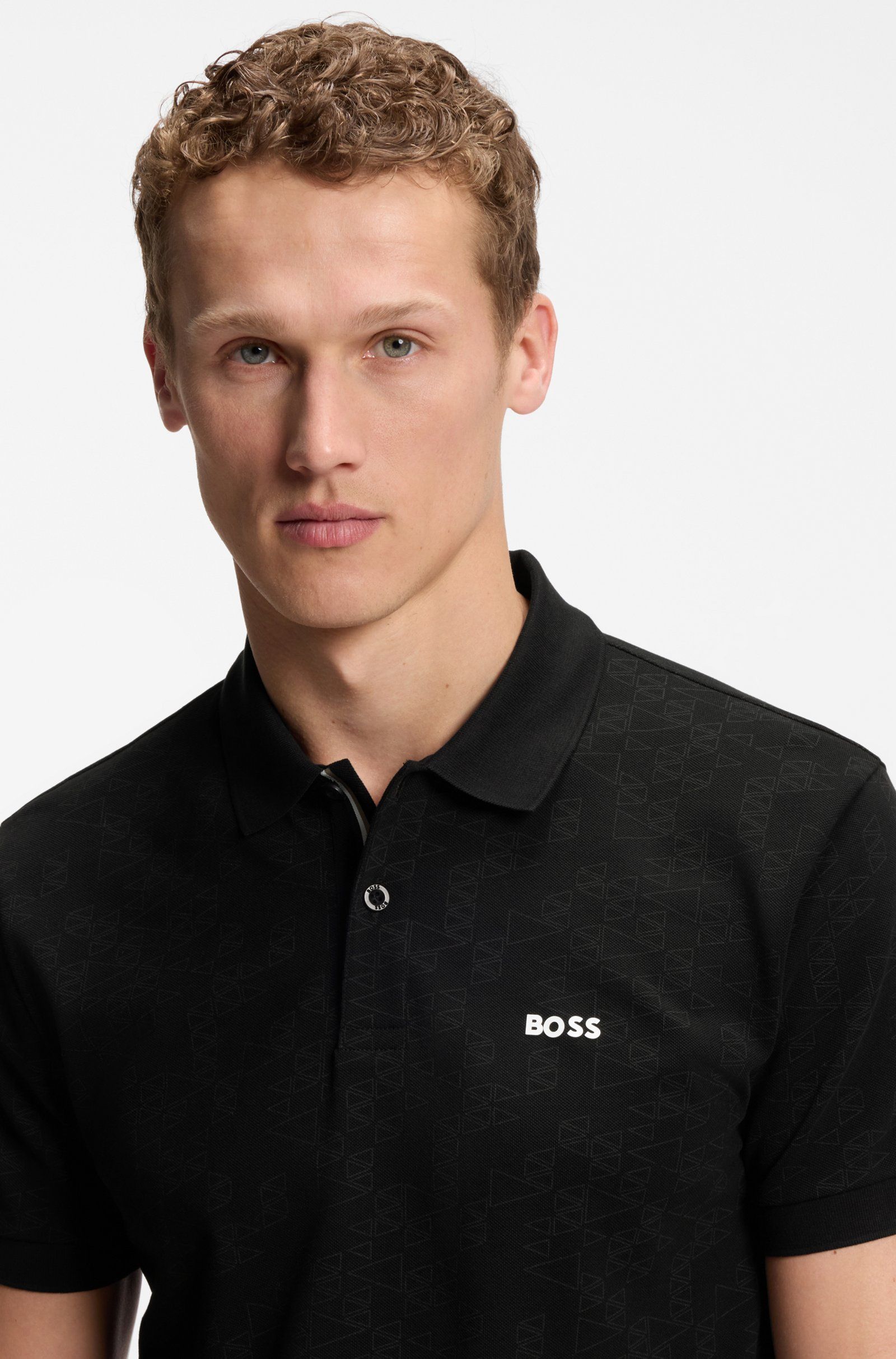 BOSS - Áo Polo vải Piqué cotton in họa tiết toàn thân