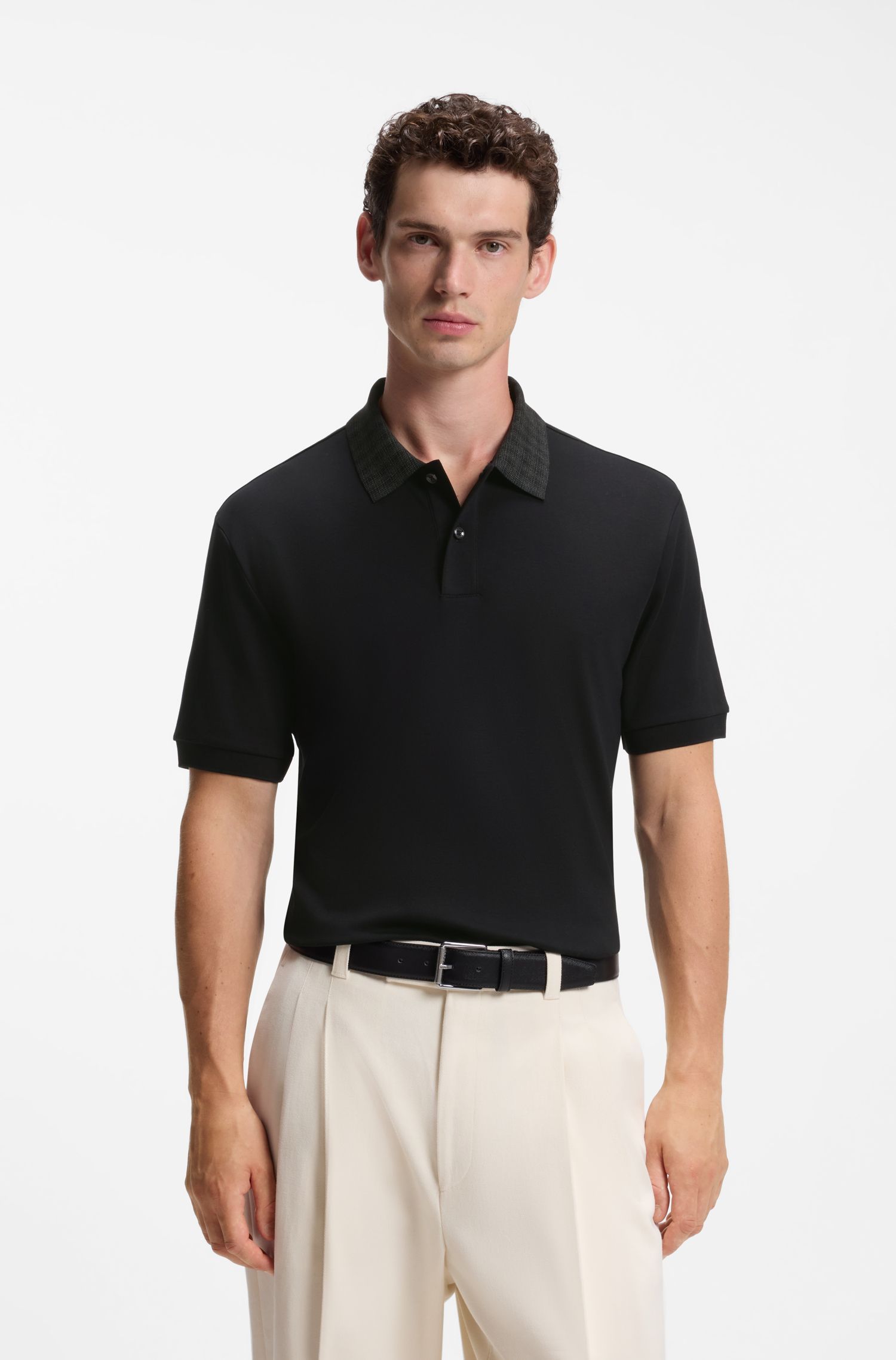 BOSS - Áo polo cotton dáng regular fit với cổ áo họa tiết