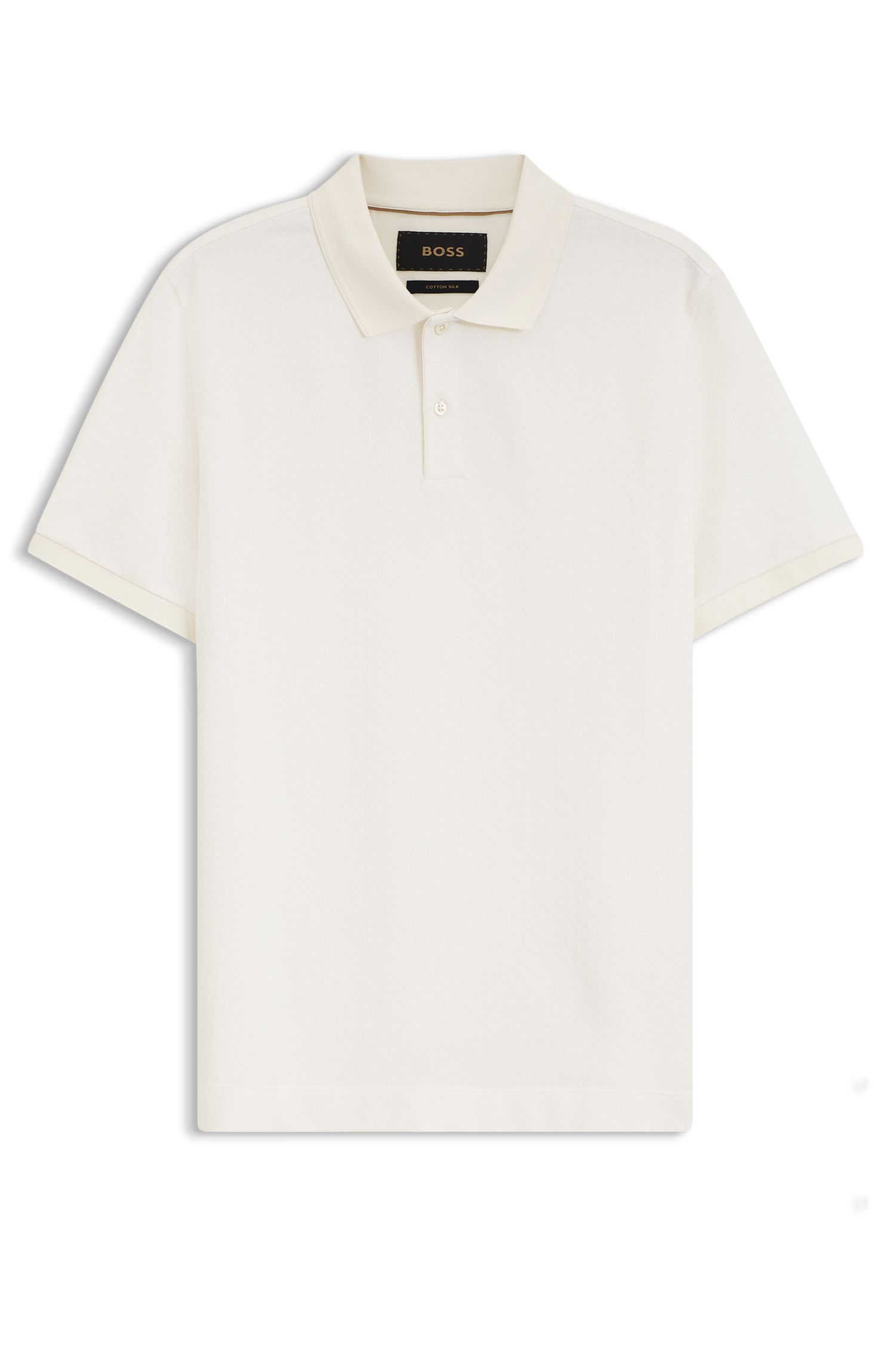 Áo polo dáng regular fit làm từ chất liệu jacquard cotton-lụa.