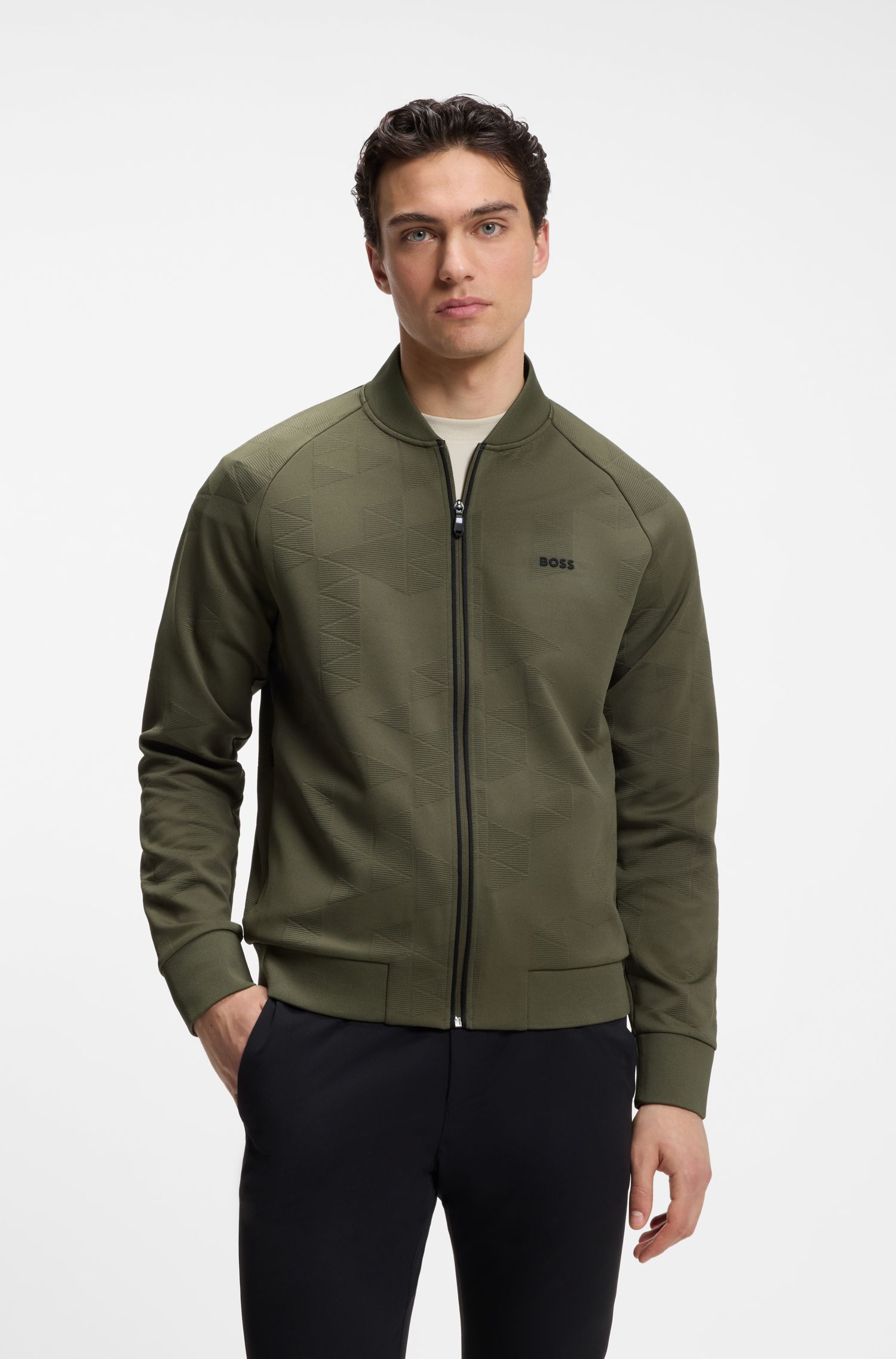 Áo khoác nỉ có khóa kéo, họa tiết tam giác jacquard, in logo bằng cao su