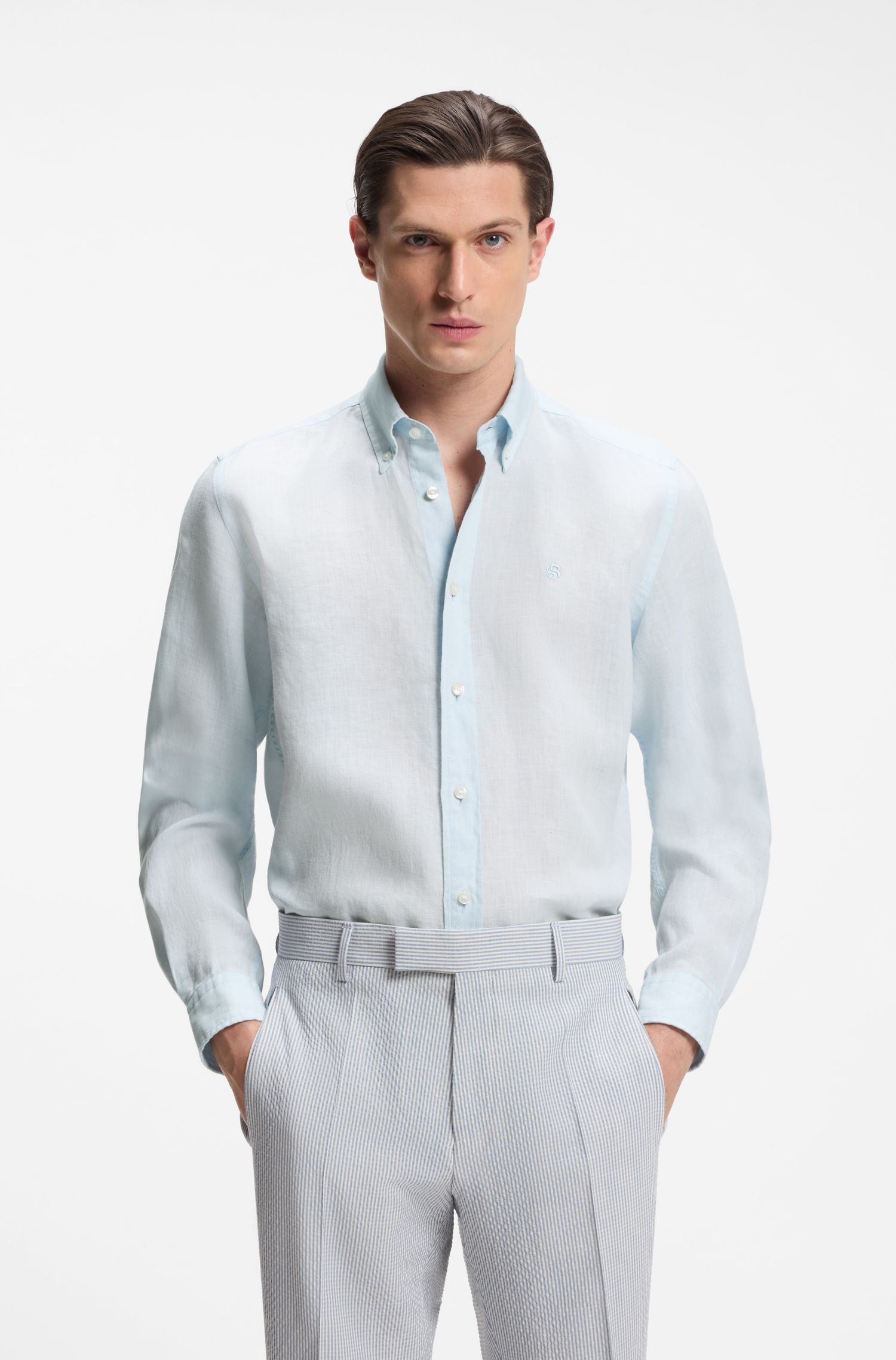 BOSS - Áo sơ mi cài cúc dáng regular fit bằng vải lanh