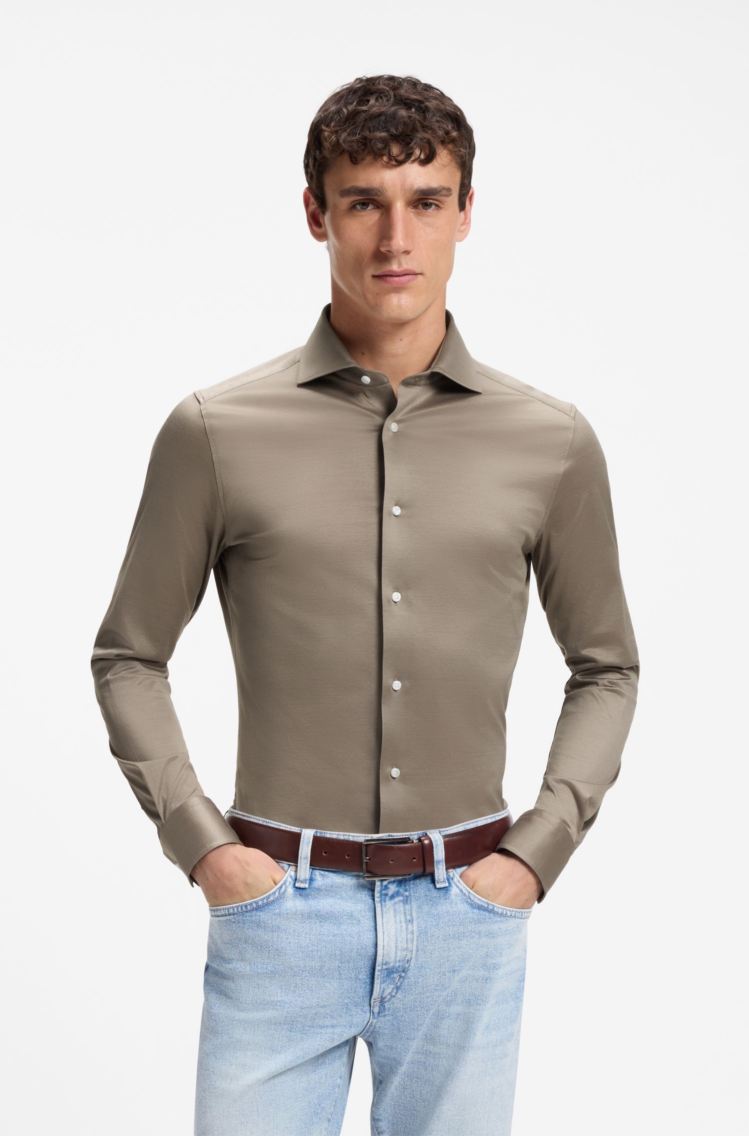 BOSS - Áo sơ mi cotton jersey dáng slim fit