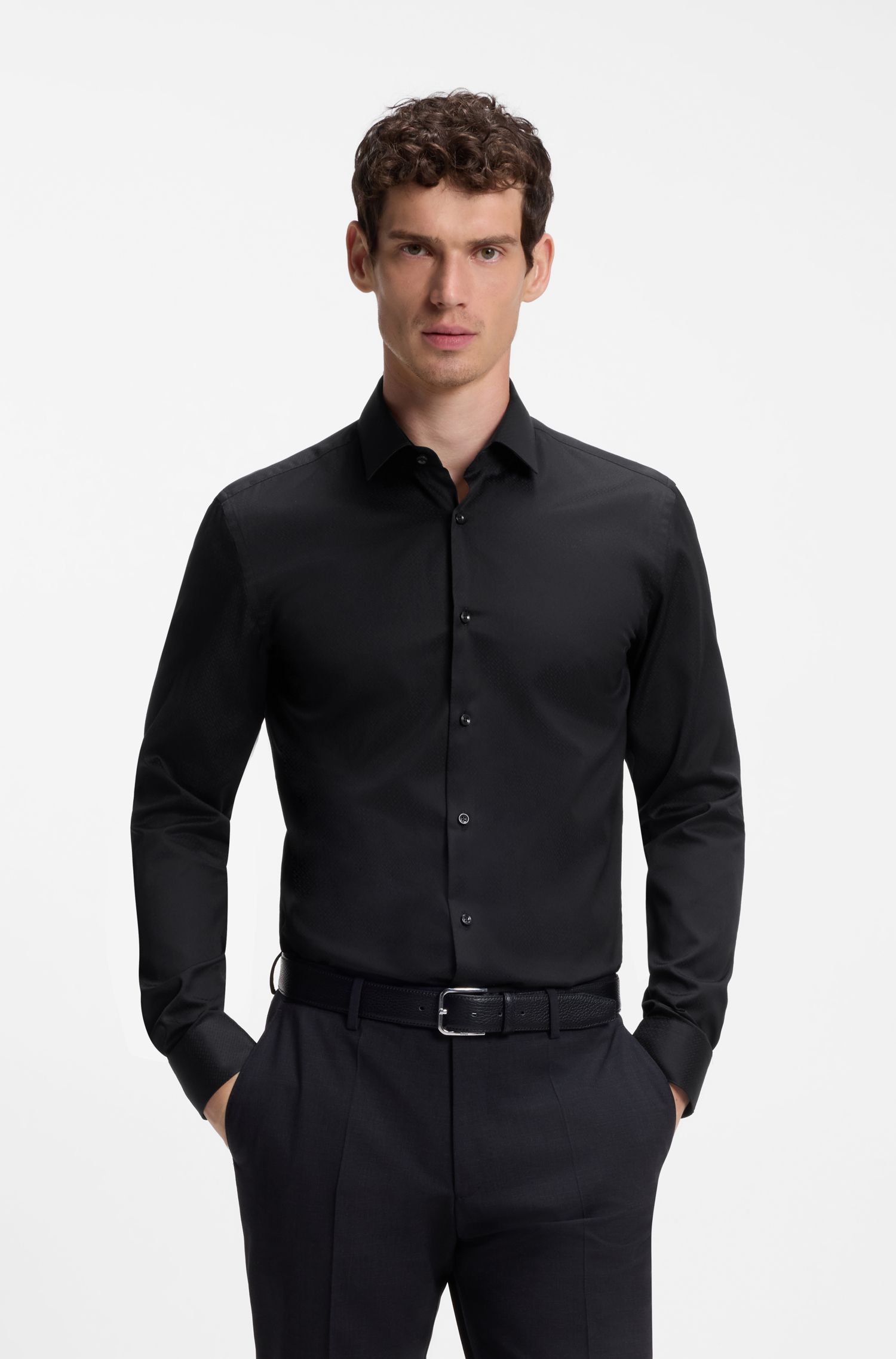 Áo sơ mi cotton dáng ôm với họa tiết jacquard thêu chữ lồng nhỏ