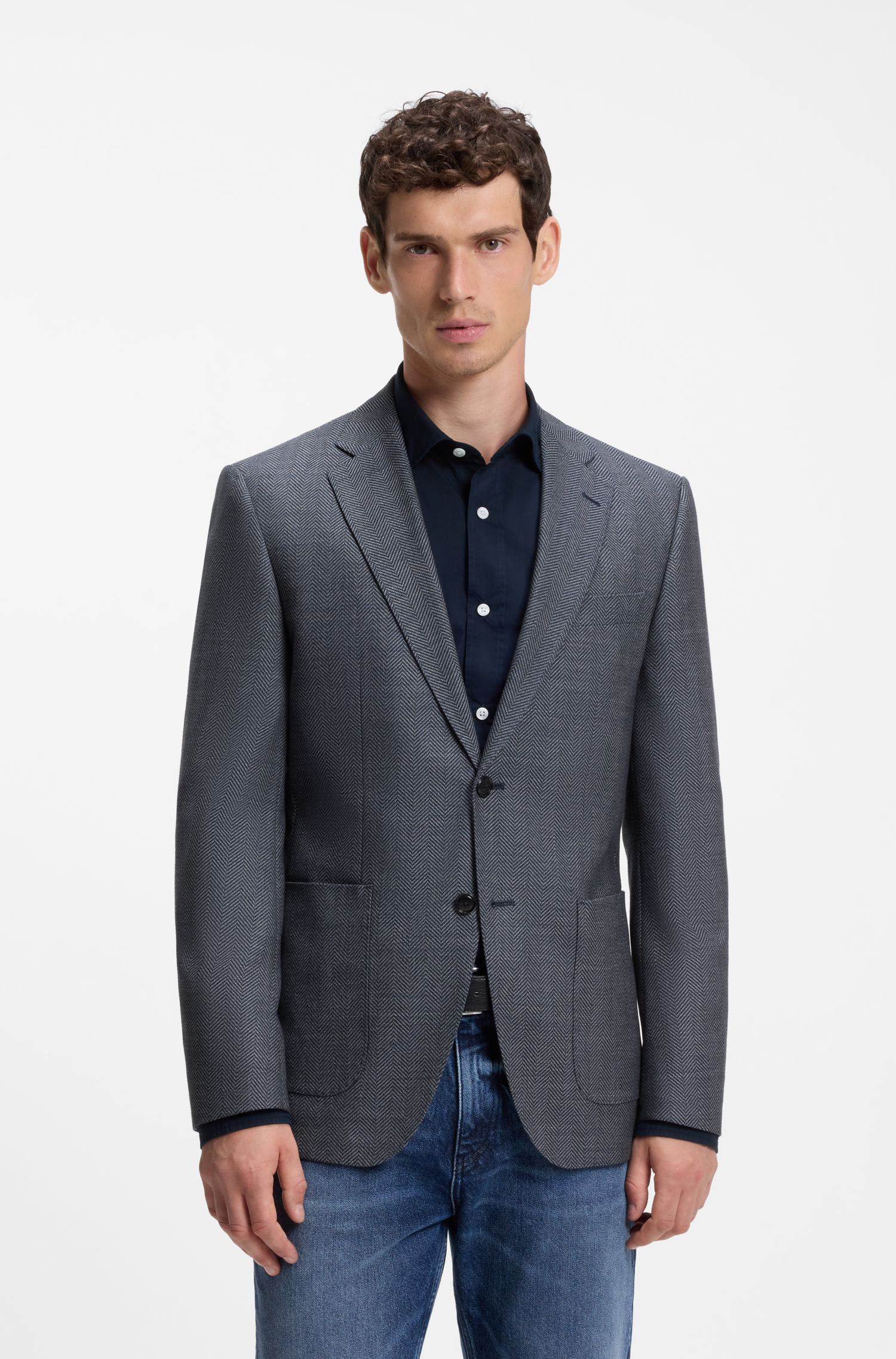 Áo khoác cotton và len nguyên chất dáng regular fit họa tiết xương cá