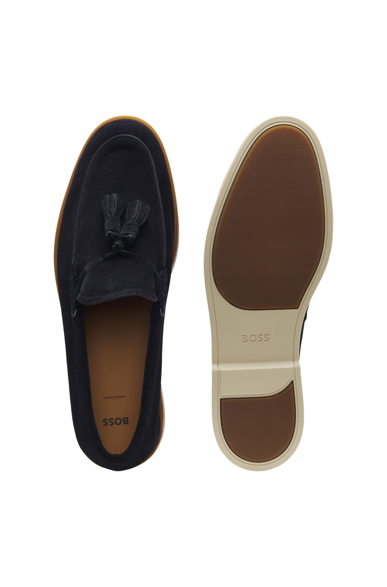 BOSS - Giày lười da lộn với viền tua rua