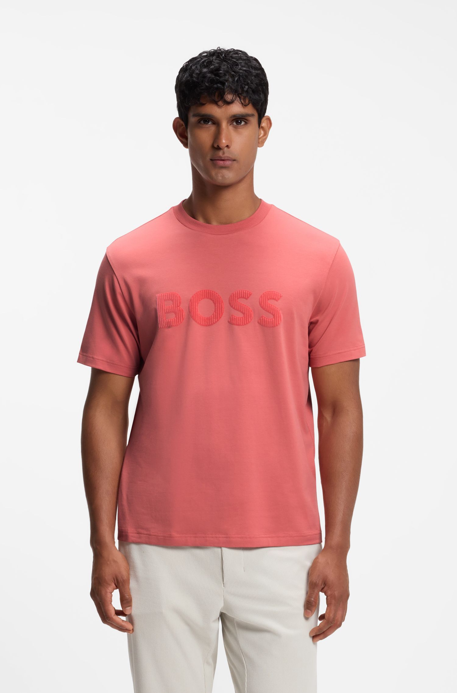 Áo thun cotton co giãn phối logo flock đồng màu