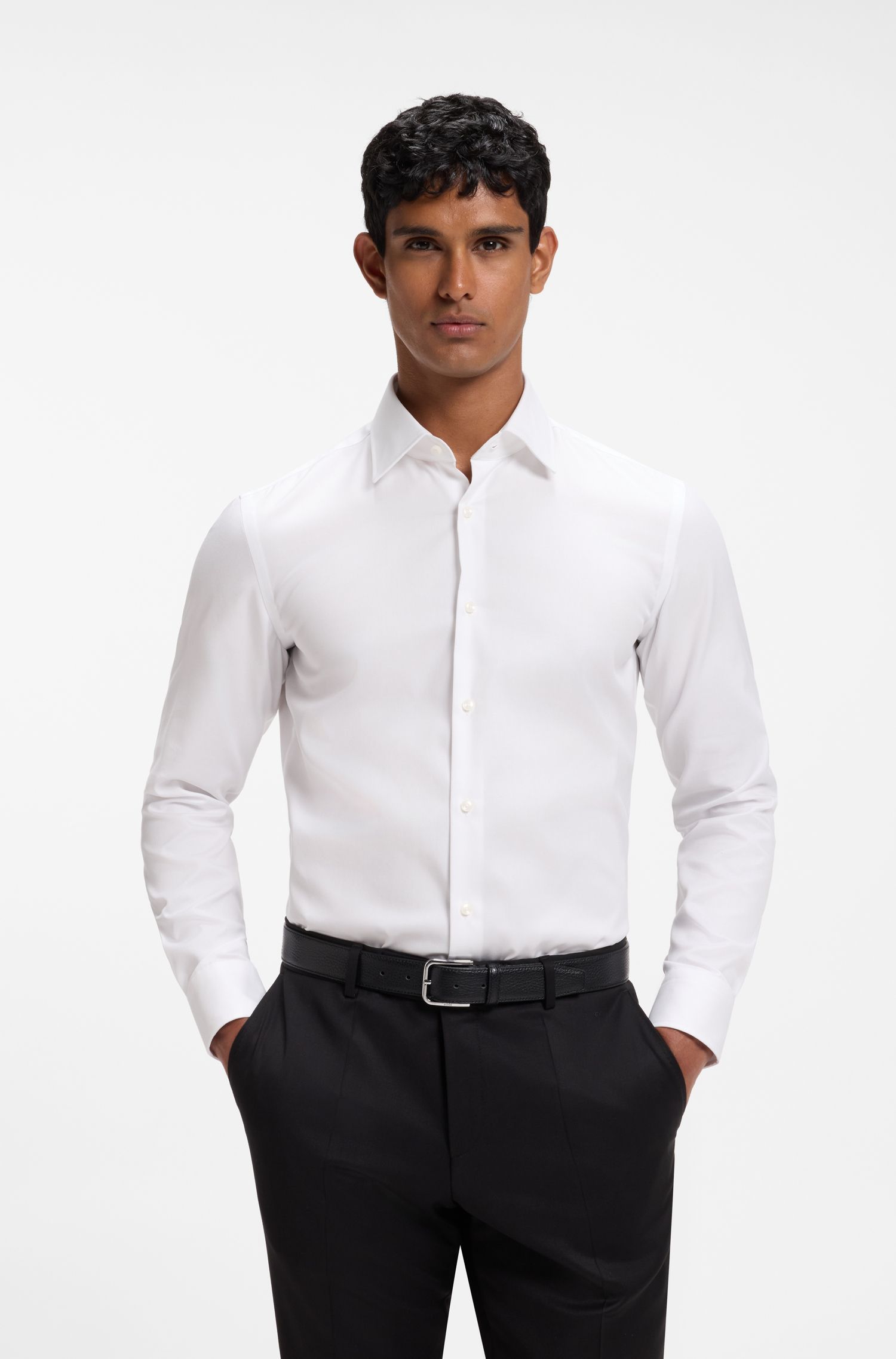 BOSS - Áo sơ mi dáng ôm vải cotton chéo dễ ủi