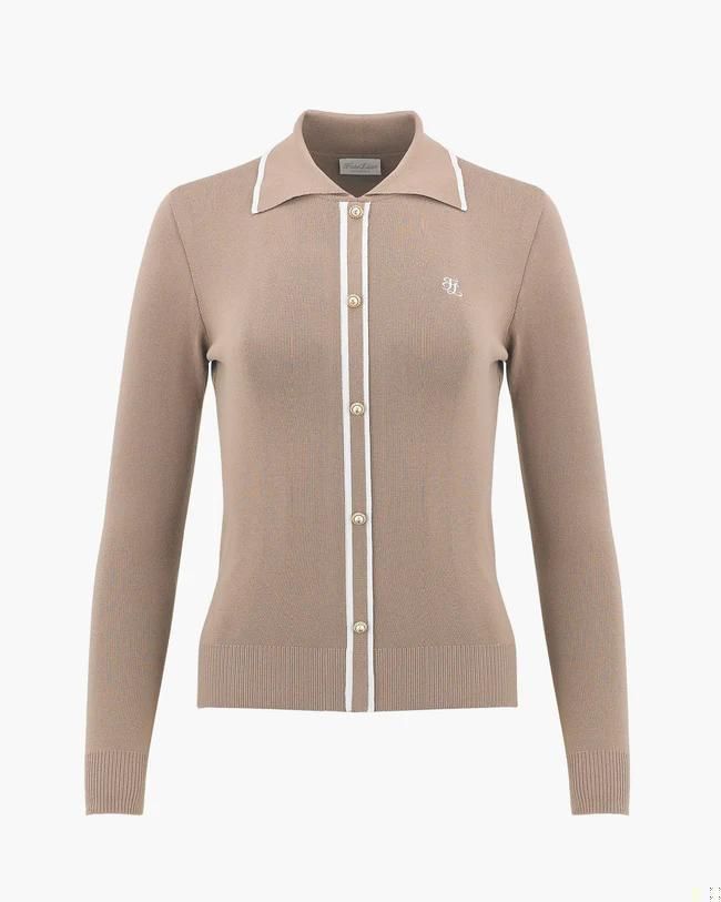 FairLiar - Áo len Line Color-Contrast Collar Ribbed - Be