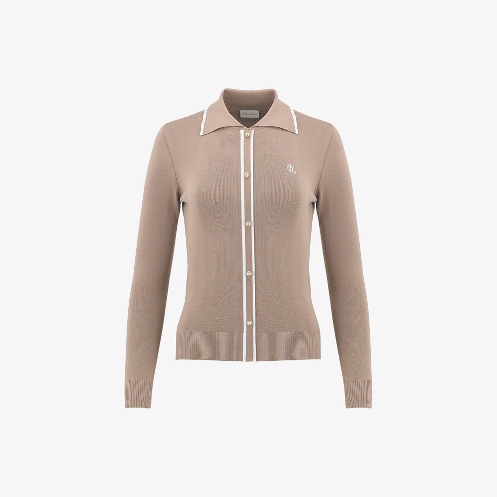 FairLiar - Áo len Line Color-Contrast Collar Ribbed - Be