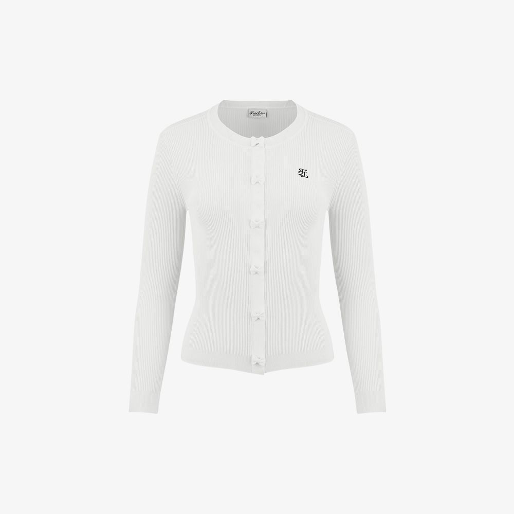 FairLiar - Áo Cardigan Rib Ribbon - Trắng