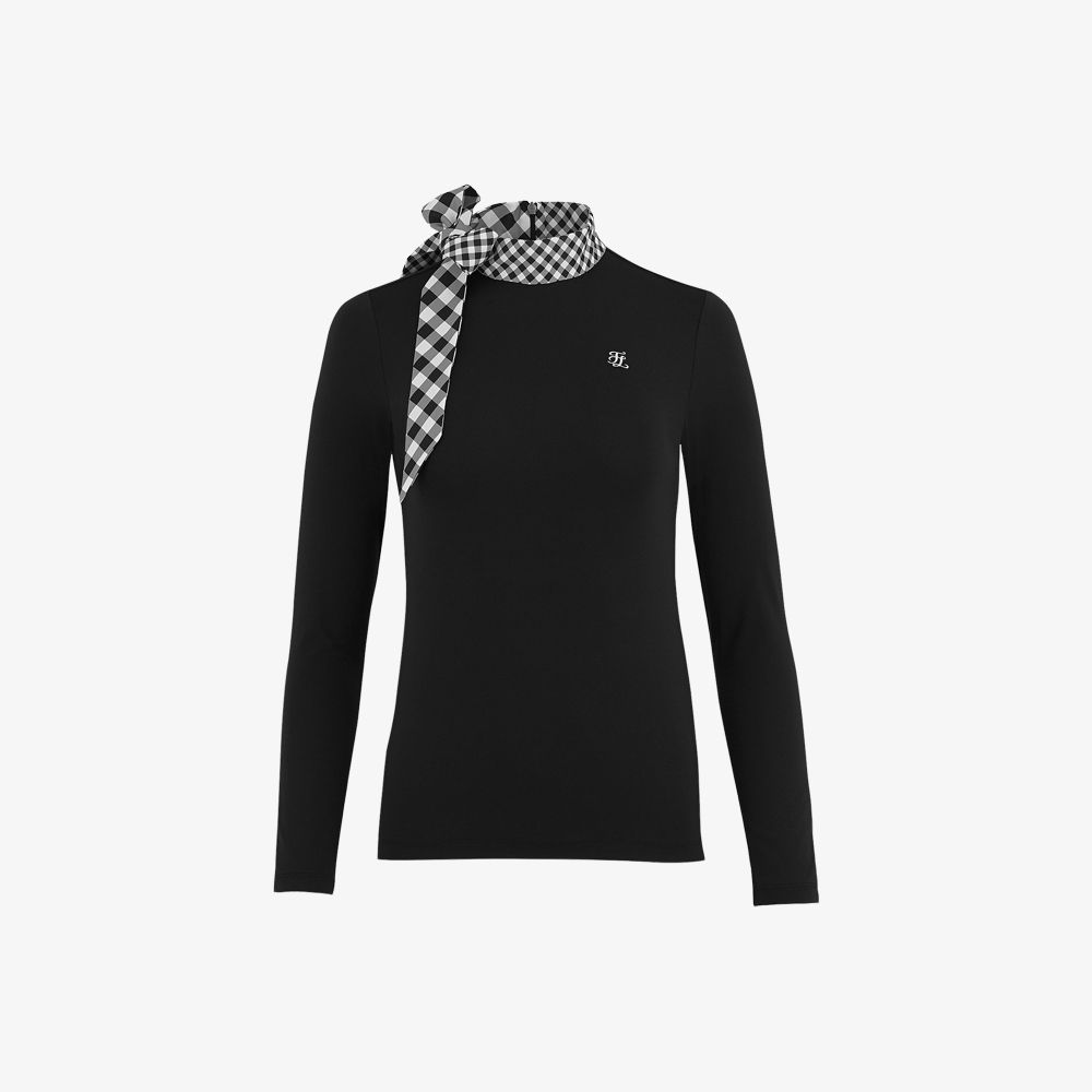 FairLiar - Áo thun Check Ribbon Eri Long Sleeve - Đen
